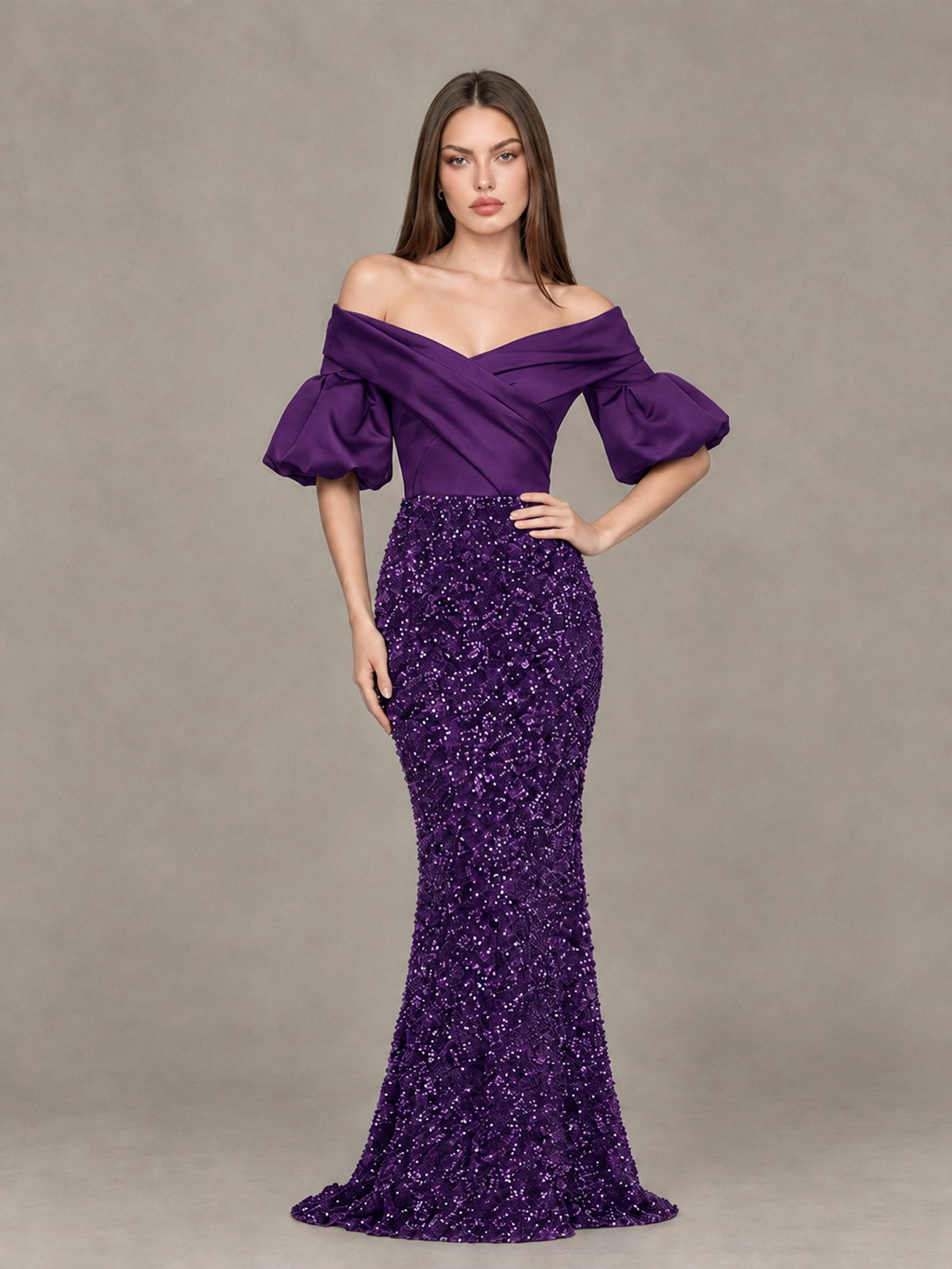 BOLODOO Plum Off-Shoulder Puff Sleeve Sequin Mermaid Evening Dress - Plum - Plum_4