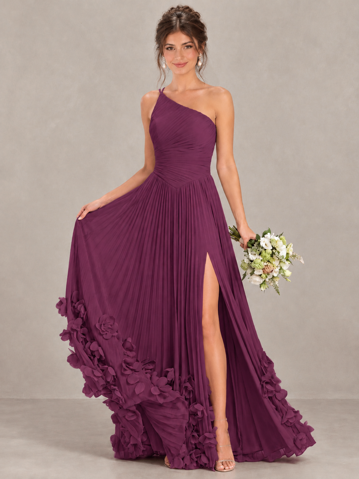 BOLODOO Plum One-Shoulder Pleated Bridesmaid Dress with 3D Floral Hem - Plum - Plum_4