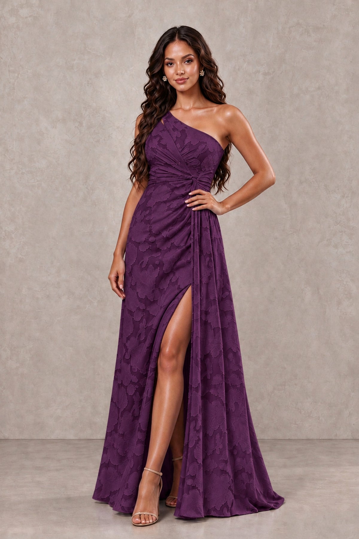 BOLODOO Plum One-Shoulder Floral Textured Maxi Dress with High Slit - Plum - Plum_4
