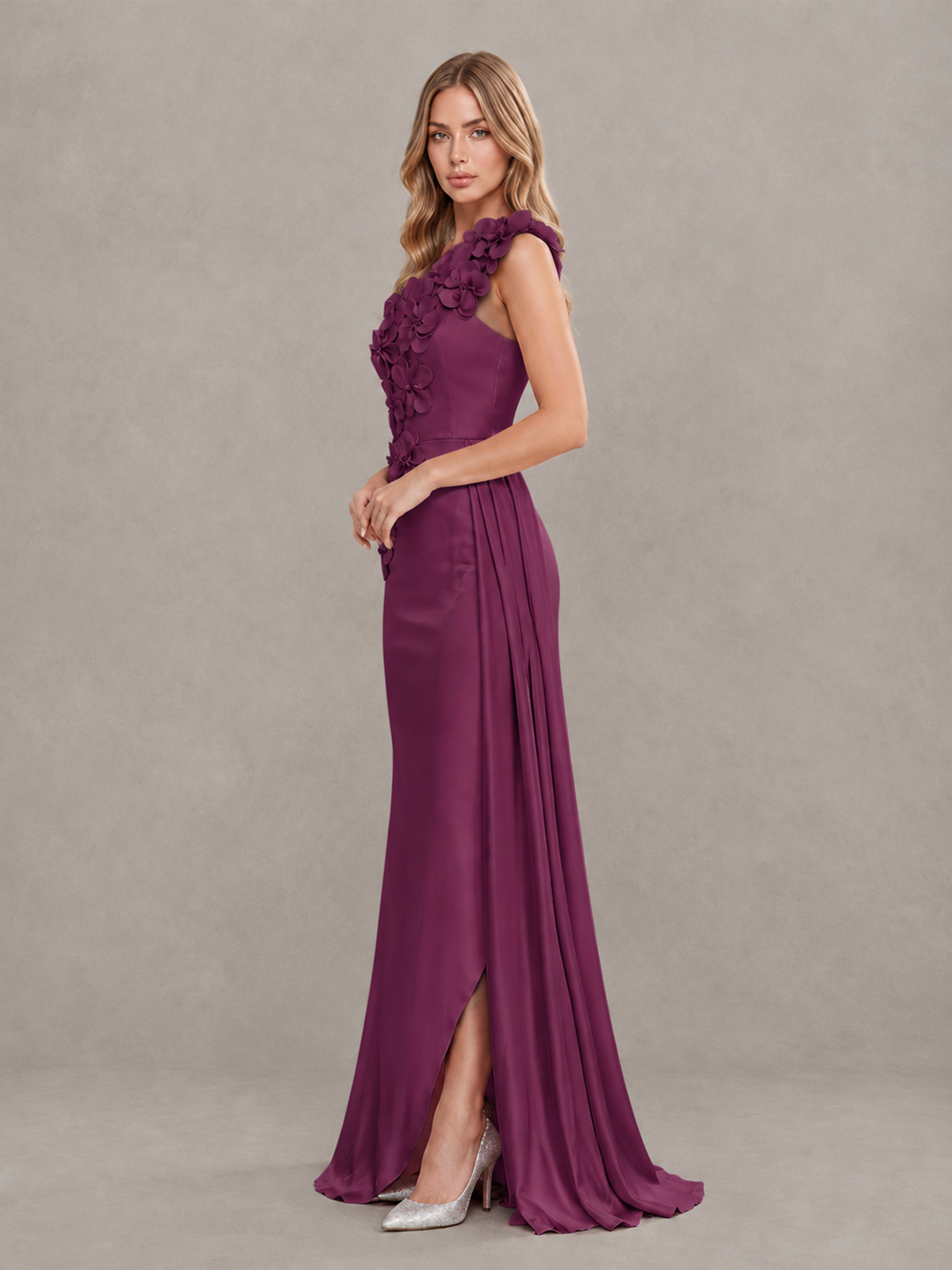 BOLODOO Plum One-Shoulder Satin Mermaid Evening Gown with 3D Floral Appliqué - Plum - Plum_4