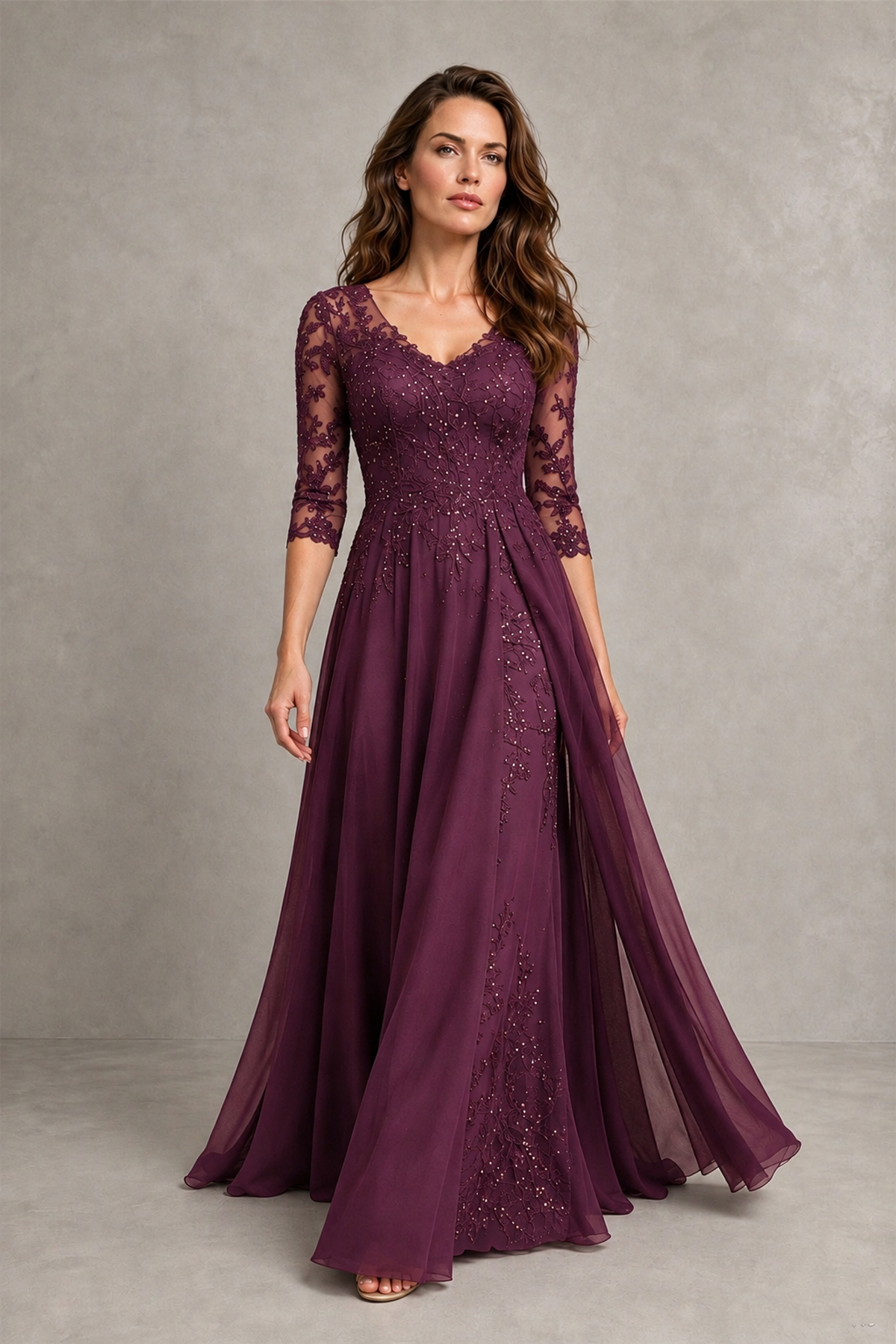 BOLODOO Midnight Plum Beaded Lace Appliqué Chiffon A-Line Gown | Mother of the Bride & Formal Evening Dress - Plum - Plum_4