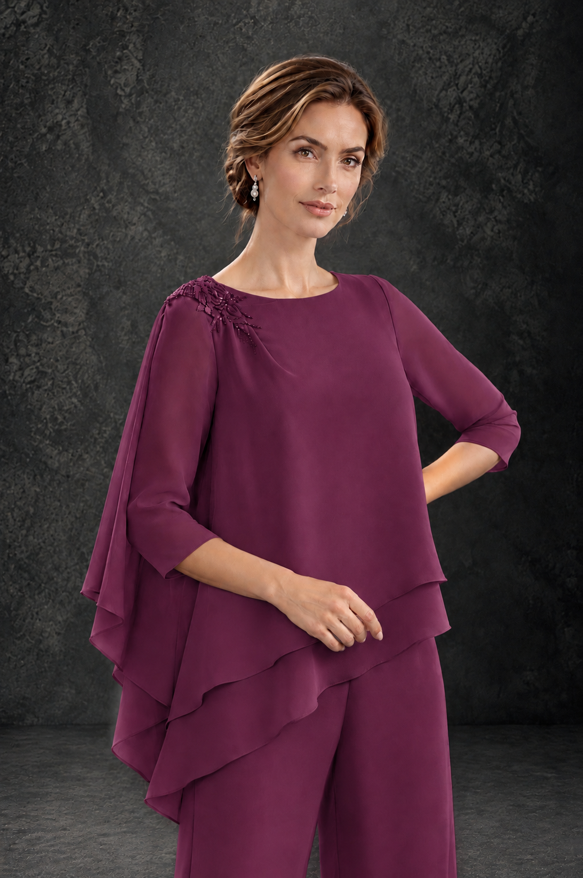 BOLODOO Plum Layered Wide-Leg Mother of the Bride Pant Suit - Plum - Plum_4