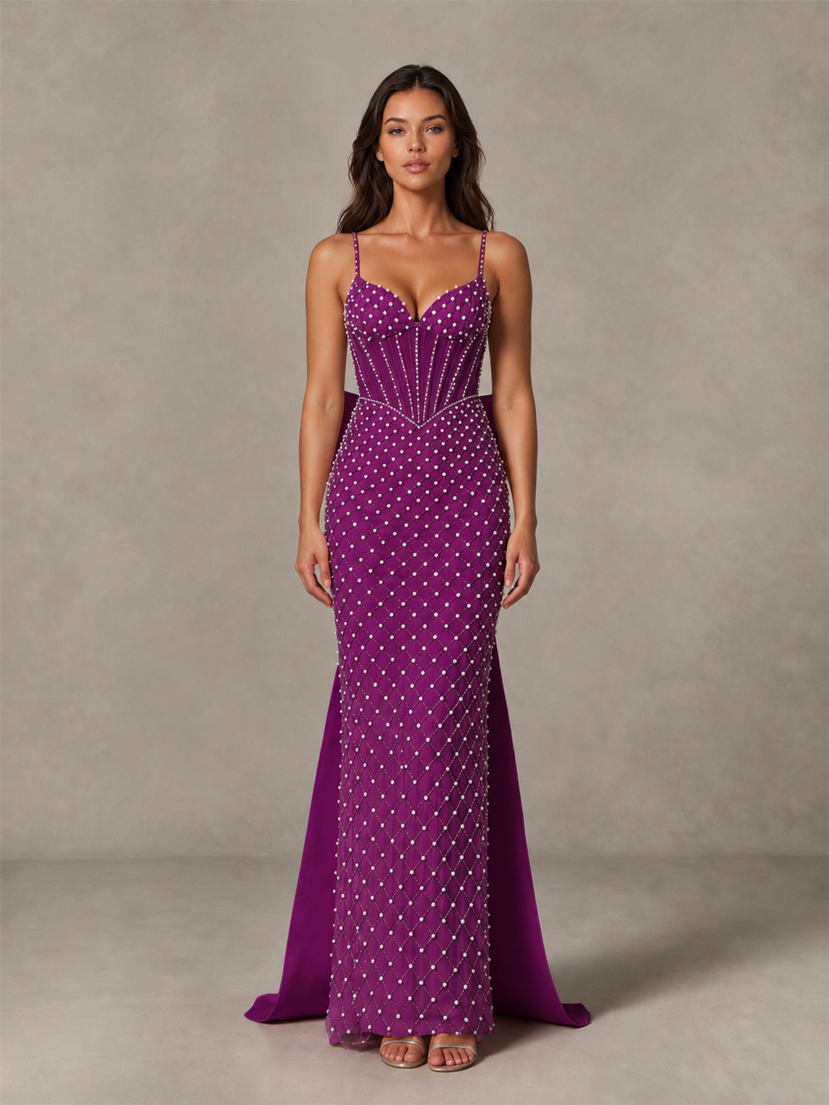 BOLODOO Plum Beaded Corset Prom Dress with Bow Train - Plum - Plum_4