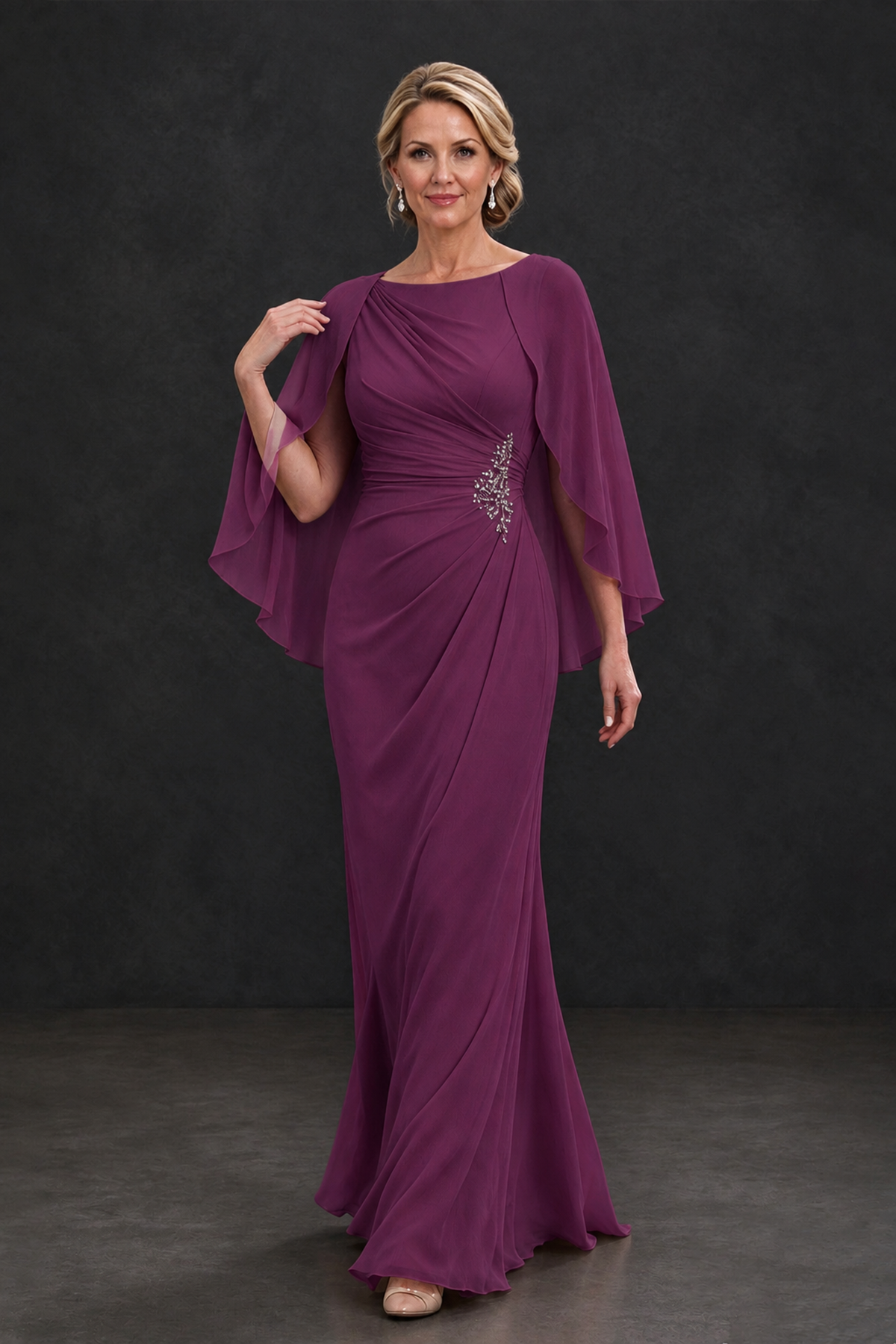 BOLODOO Plum Cape Sleeve Mother of the Bride Dress with Ruched Waist - Plum - Plum_4