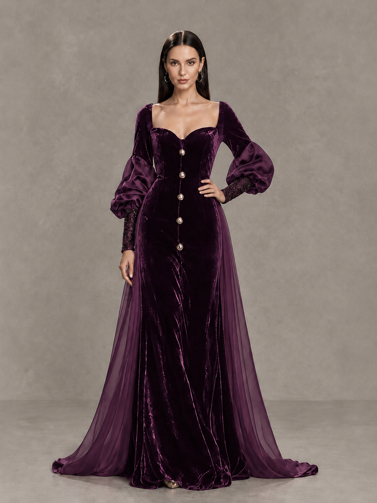 BOLODOO Plum Velvet Long Sleeve Open-Back Evening Gown - Plum - Plum_4