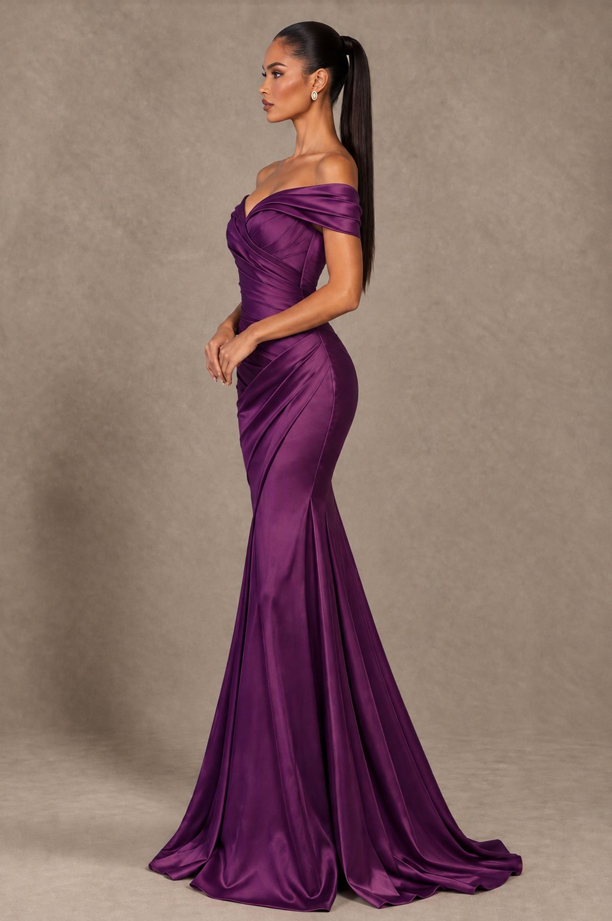 BOLODOO Plum Off-the-Shoulder Ruched Satin Mermaid Evening Dress - Plum - Plum_4