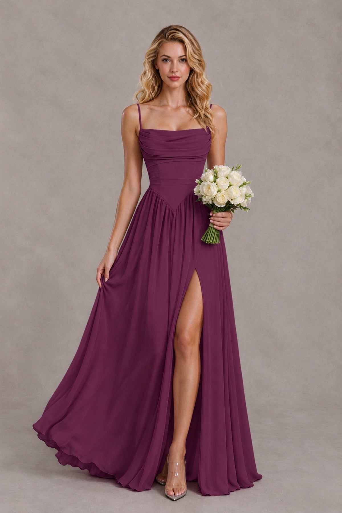 BOLODOO Plum Spaghetti Strap A-Line Bridesmaid Dress with Slit - Plum - Plum_4
