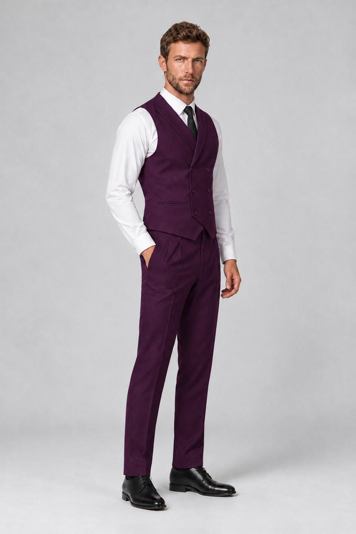 Bolodoo Men's Plum Double-Breasted Vest and Pants 2-Piece Suit - Plum - Plum_4