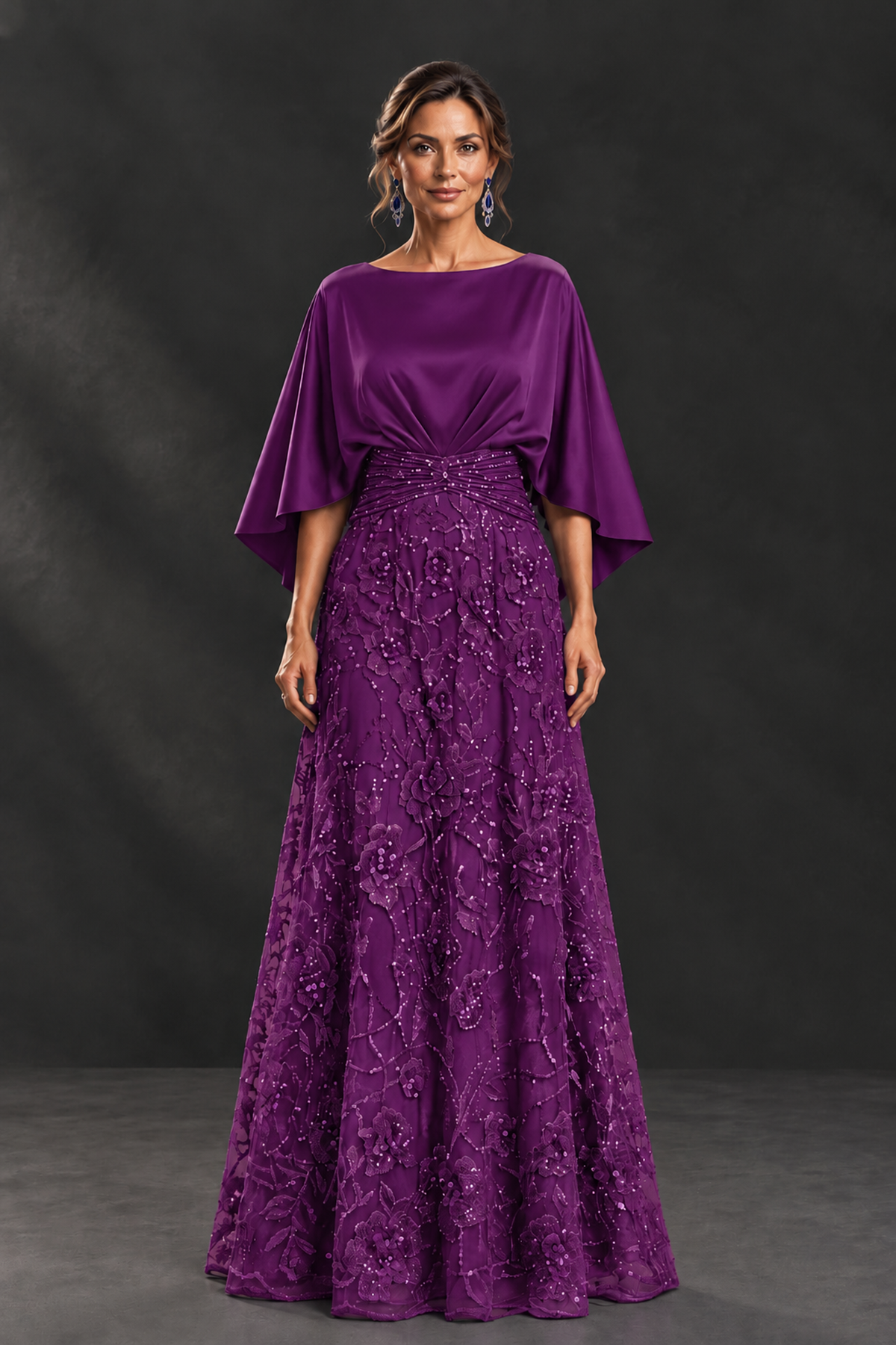 BOLODOO Plum Cape Sleeve Floral Mother of the Bride Dress - Plum - Plum_4