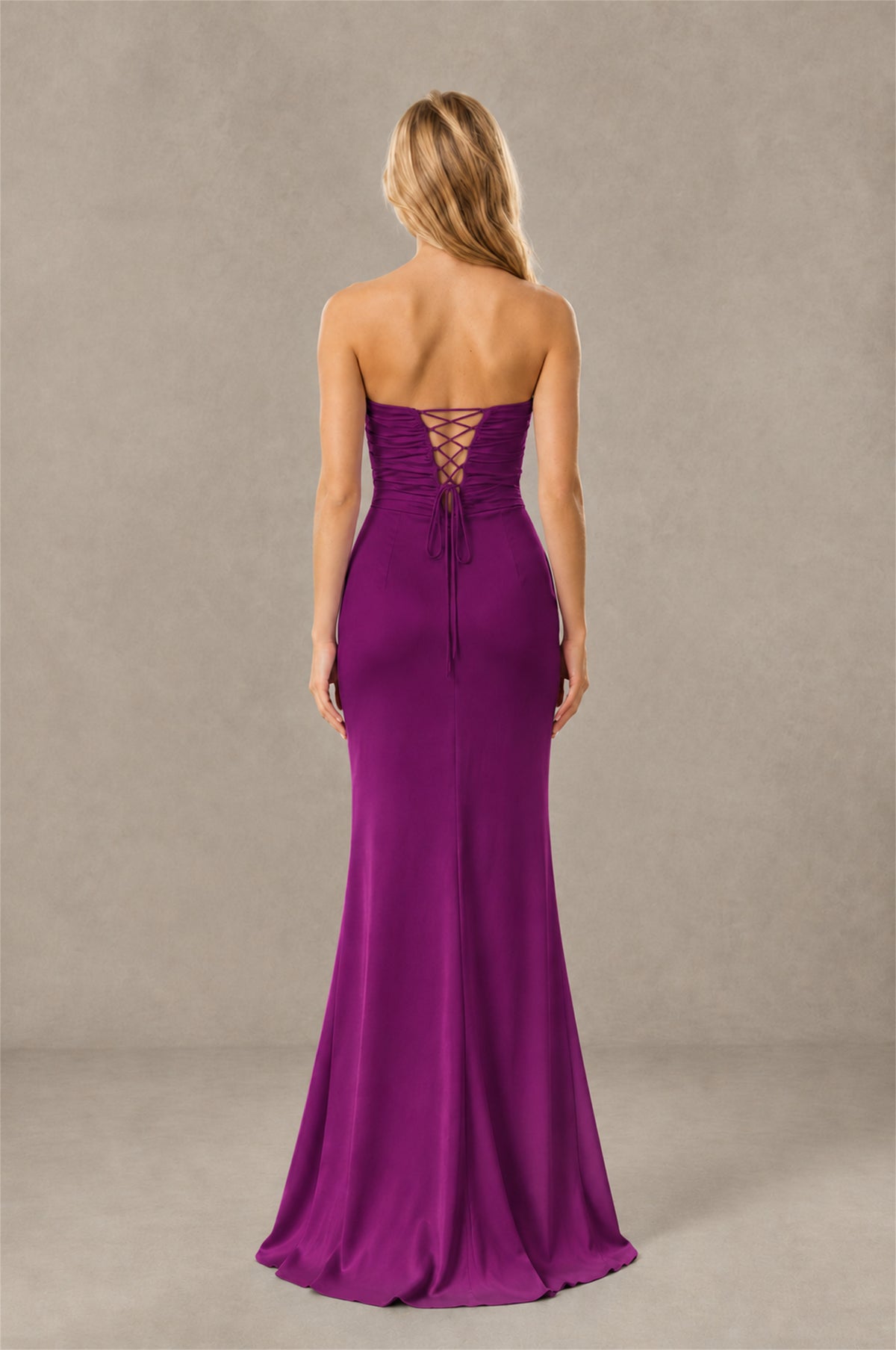 BOLODOO Plum Sweetheart Strapless Twist Knot Cutout Lace-Up Back Satin Mermaid Maxi Dress - Plum - Plum(4)