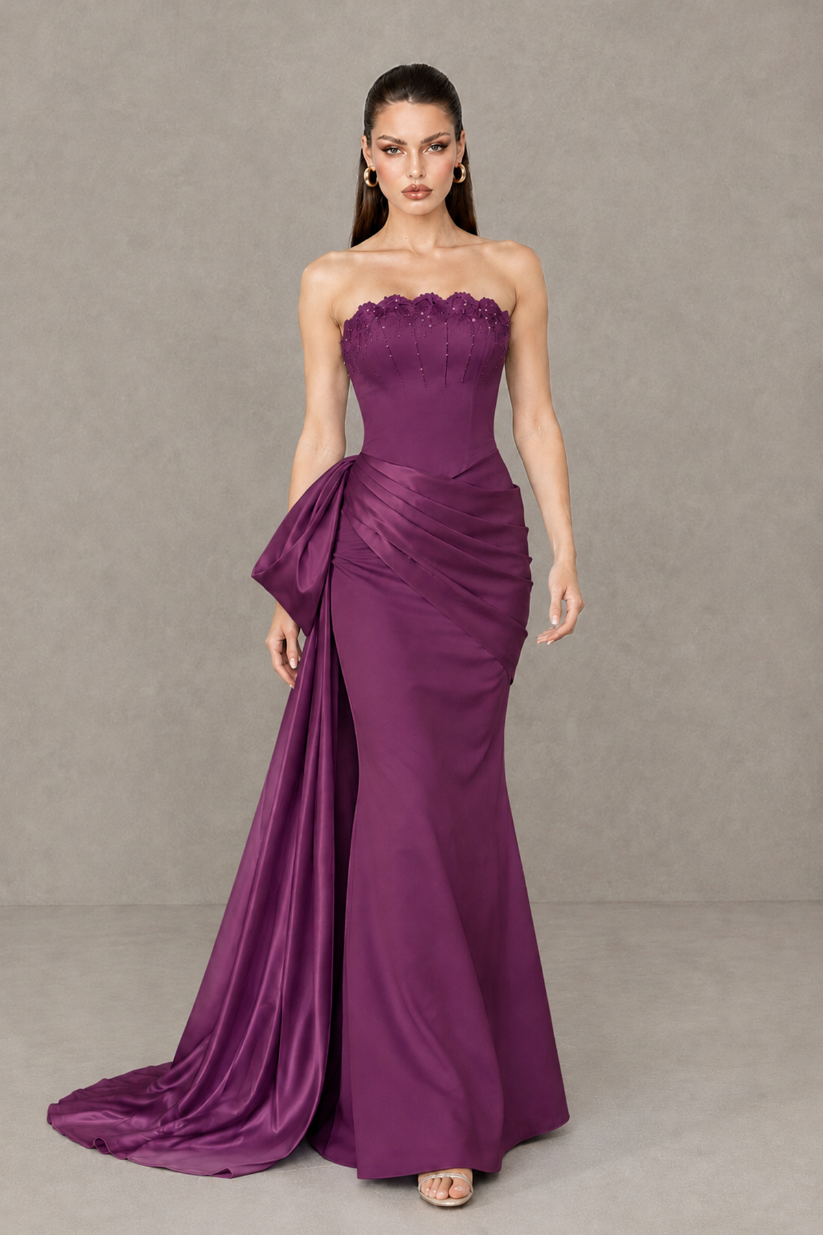 BOLODOO Plum Strapless Satin Prom Dress with Draped Side Train - Plum - Plum_4