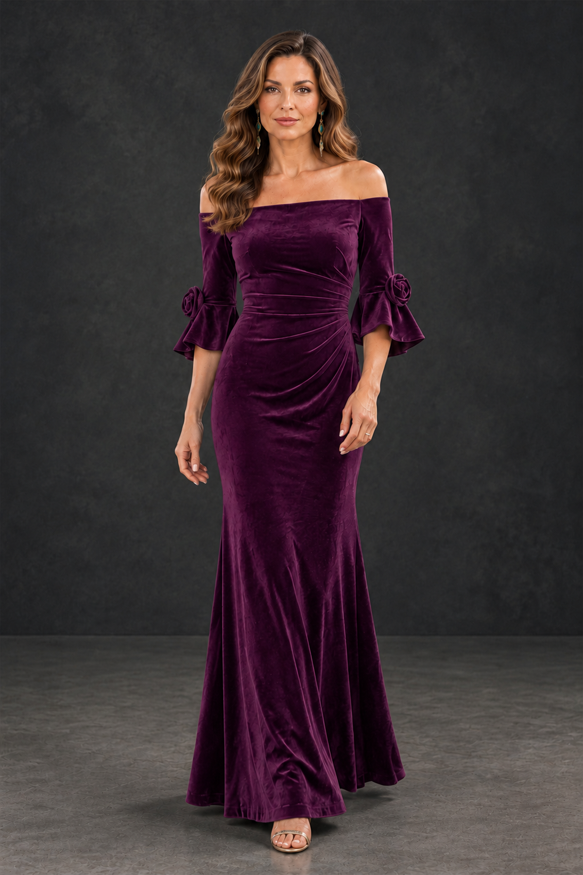 BOLODOO Plum Velvet Mother of the Bride Dress with Rosette Sleeves - Plum - Plum_4
