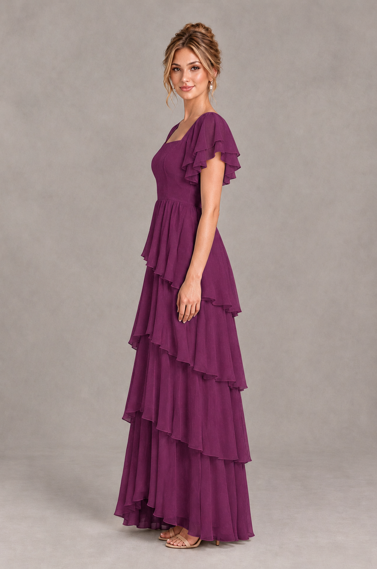 BOLODOO Plum Square Neck Flutter Sleeve Tiered Chiffon Bridesmaid Dress with Lace-Up Back - Plum - Plum_4