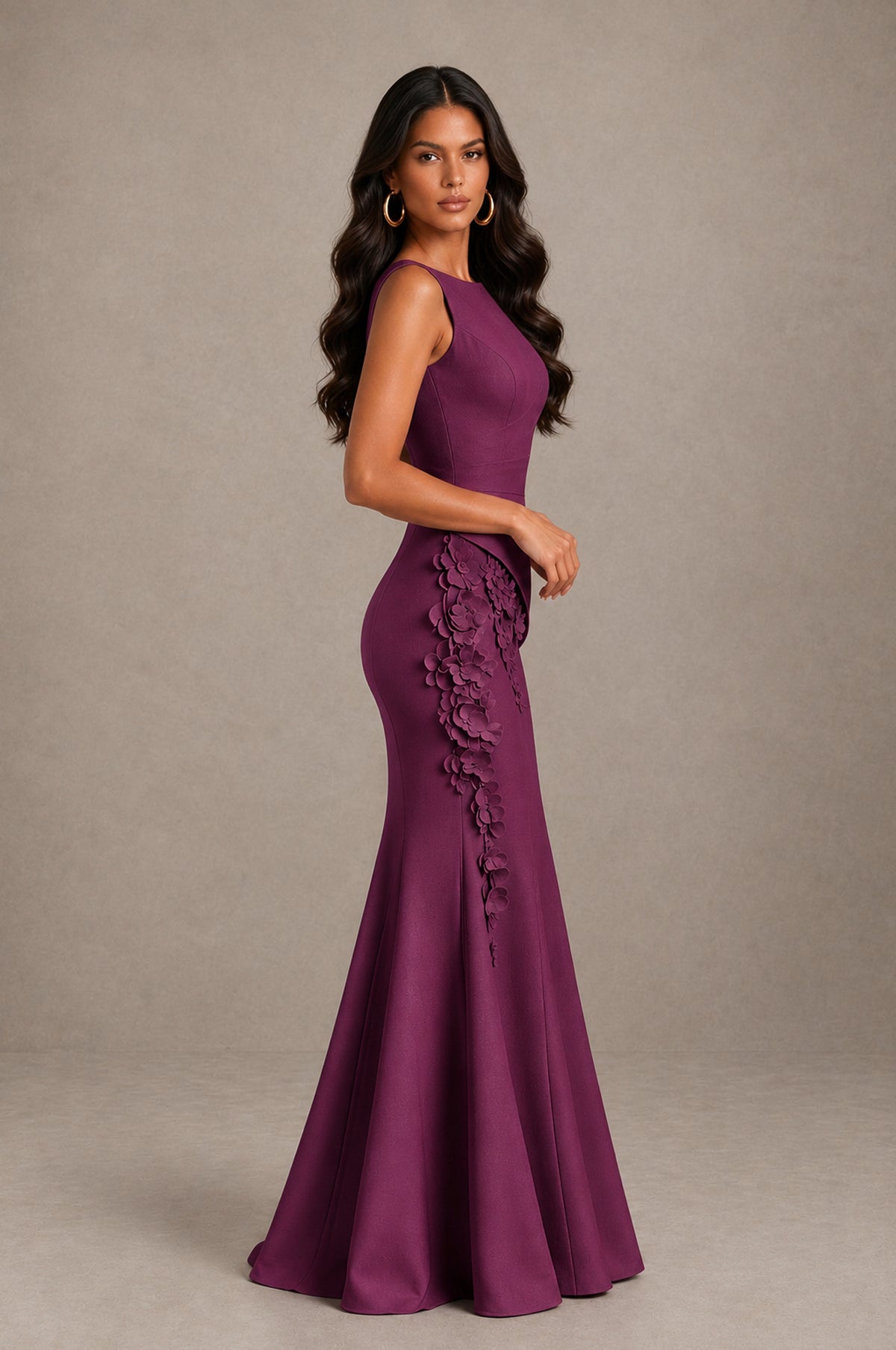 BOLODOO Plum Bateau Neck Sleeveless Asymmetric Peplum 3D Petal Appliqué Mermaid Gown BD0421 - Plum - Plum_4