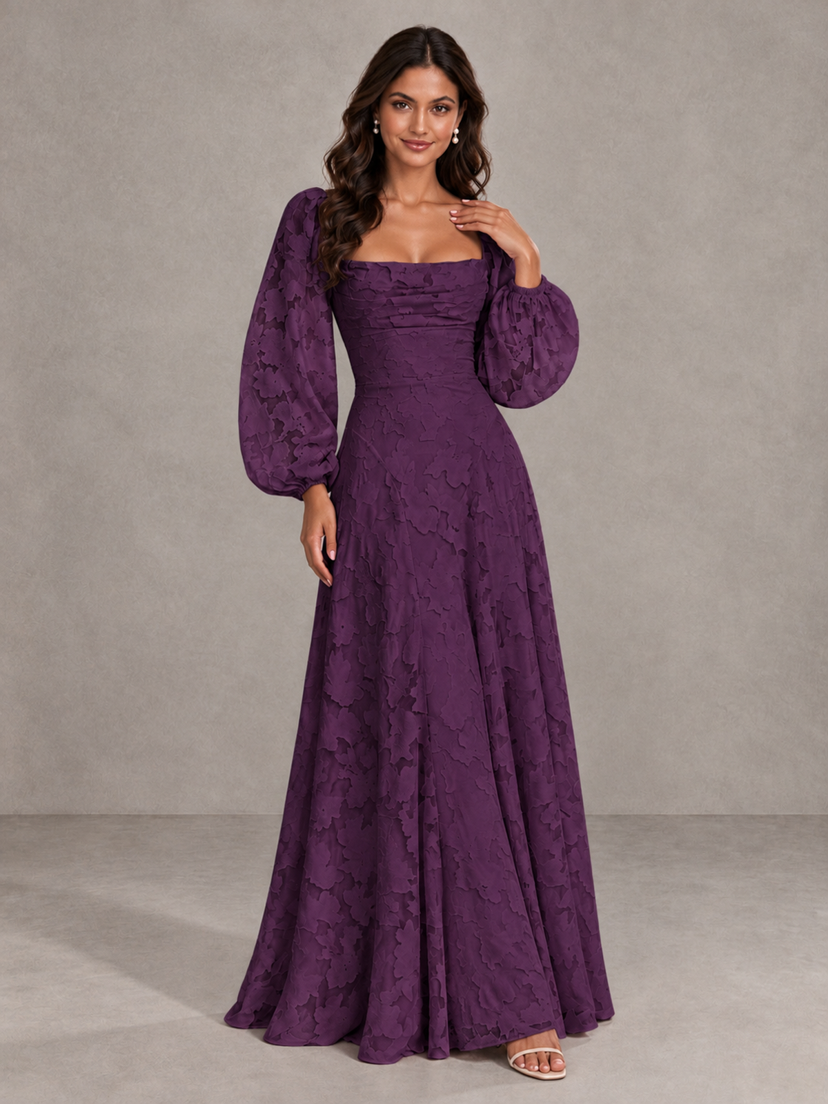 BOLODOO Plum Floral Long Sleeve A-Line Bridesmaid Dress - Plum - Plum_4