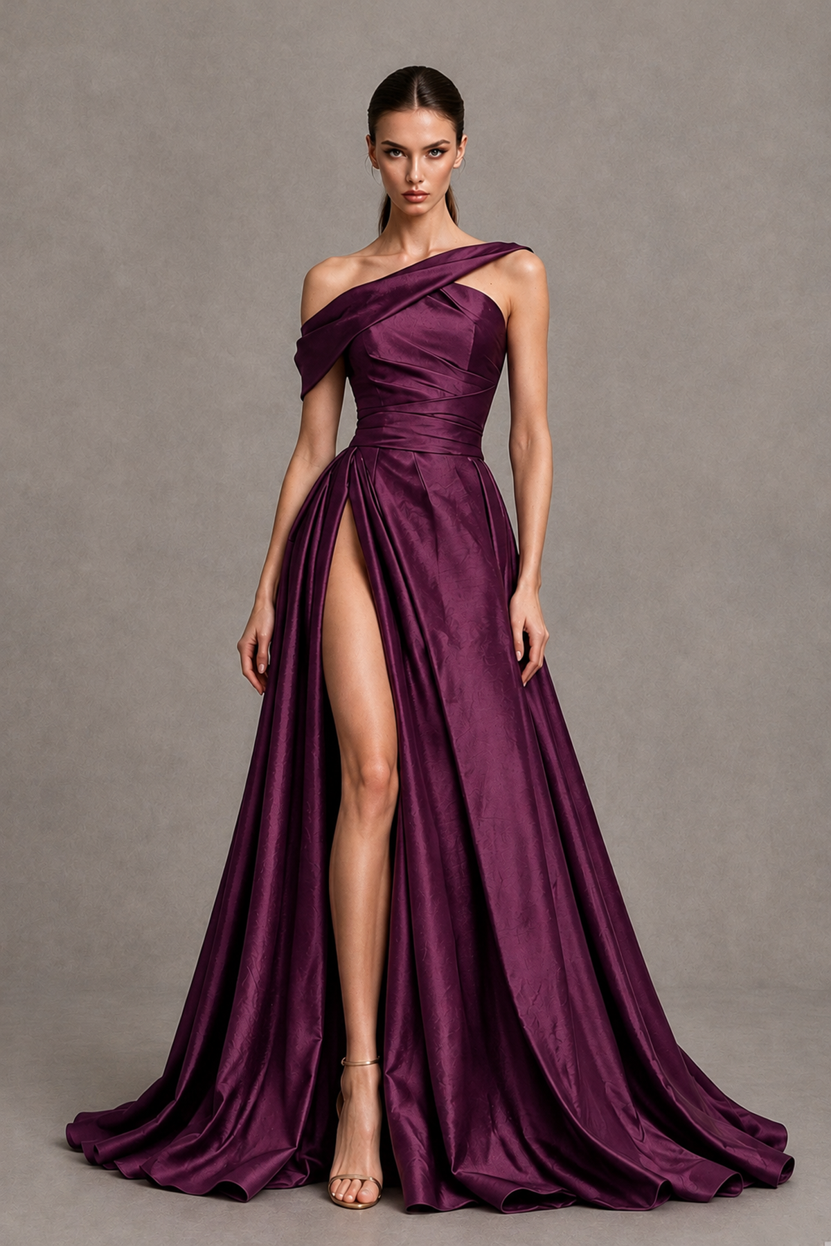 BOLODOO Plum Asymmetric Satin-Look A-Line Prom Dress with High Slit - Plum - Plum_4