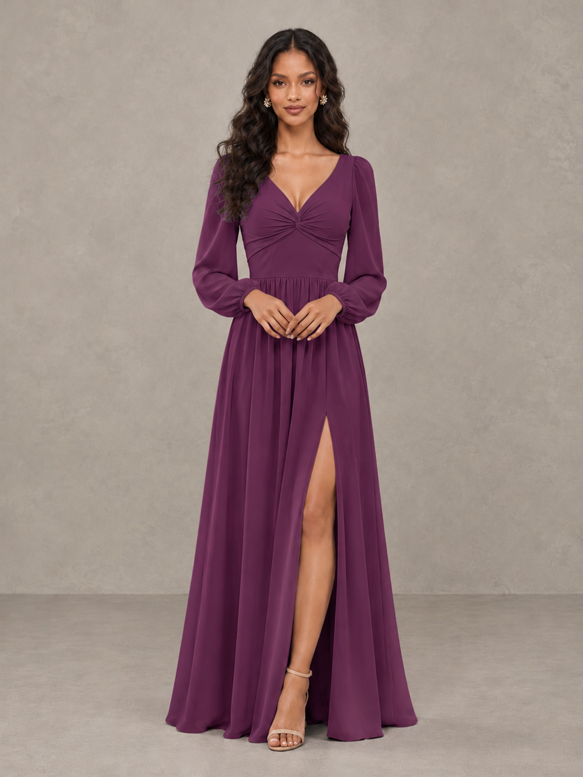 BOLODOO Plum V-Neck Long Sleeve Bridesmaid Dress with Tie Back and Slit - Plum - Plum_5