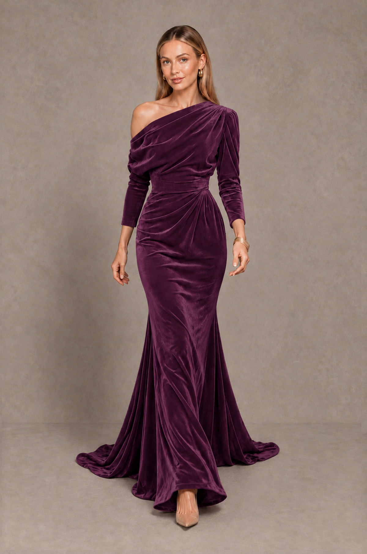BOLODOO Plum Velvet Asymmetric Neck Mermaid Evening Dress - Plum - Plum_5