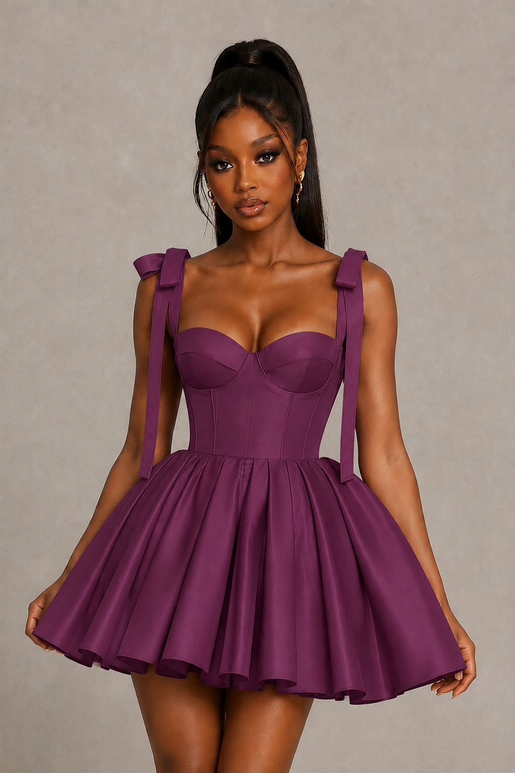 BOLODOO Plum Satin Sweetheart Corset Bow Strap Lace-Up Open Back Full Skirt Mini Dress | Prom Cocktail Party Dress - Plum