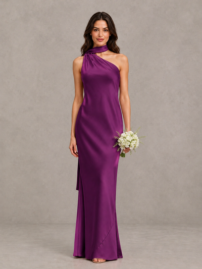BOLODOO Plum Satin One-Shoulder Bridesmaid Dress with Open Back - Plum - Plum (1)