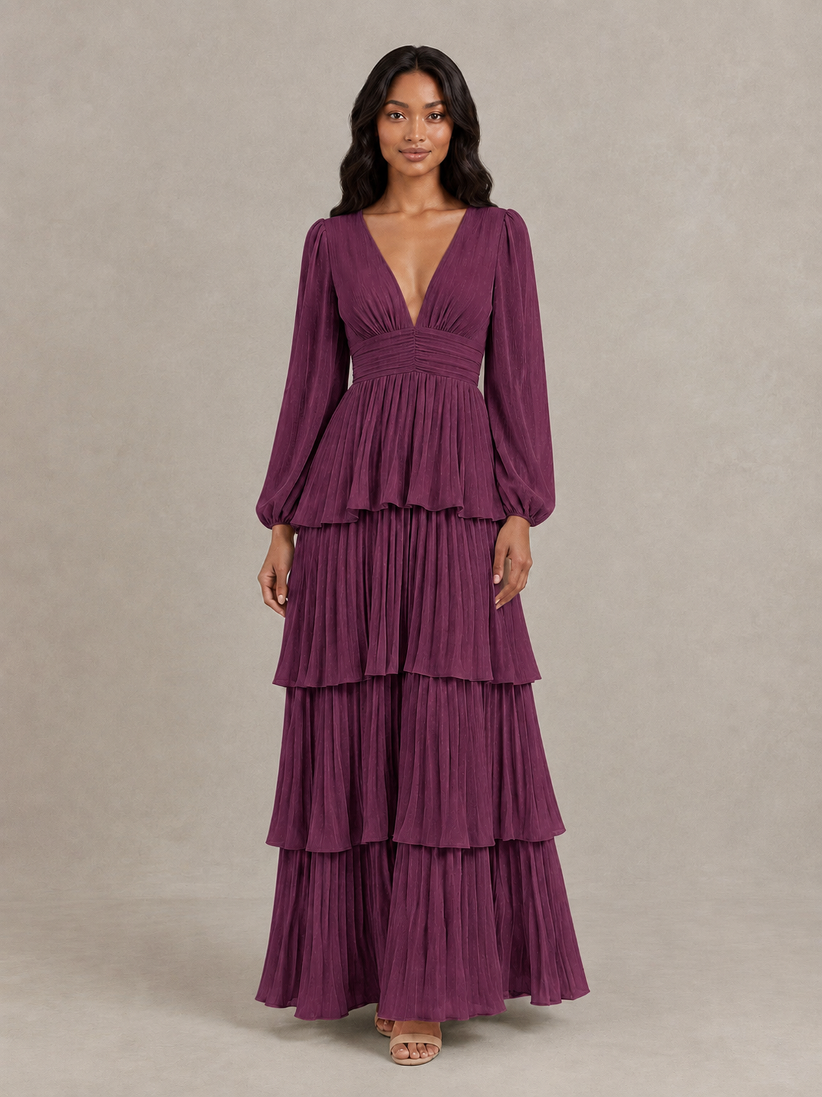 BOLODOO Plum Long-Sleeve Tiered Maxi Dress with Deep V-Neck - Plum