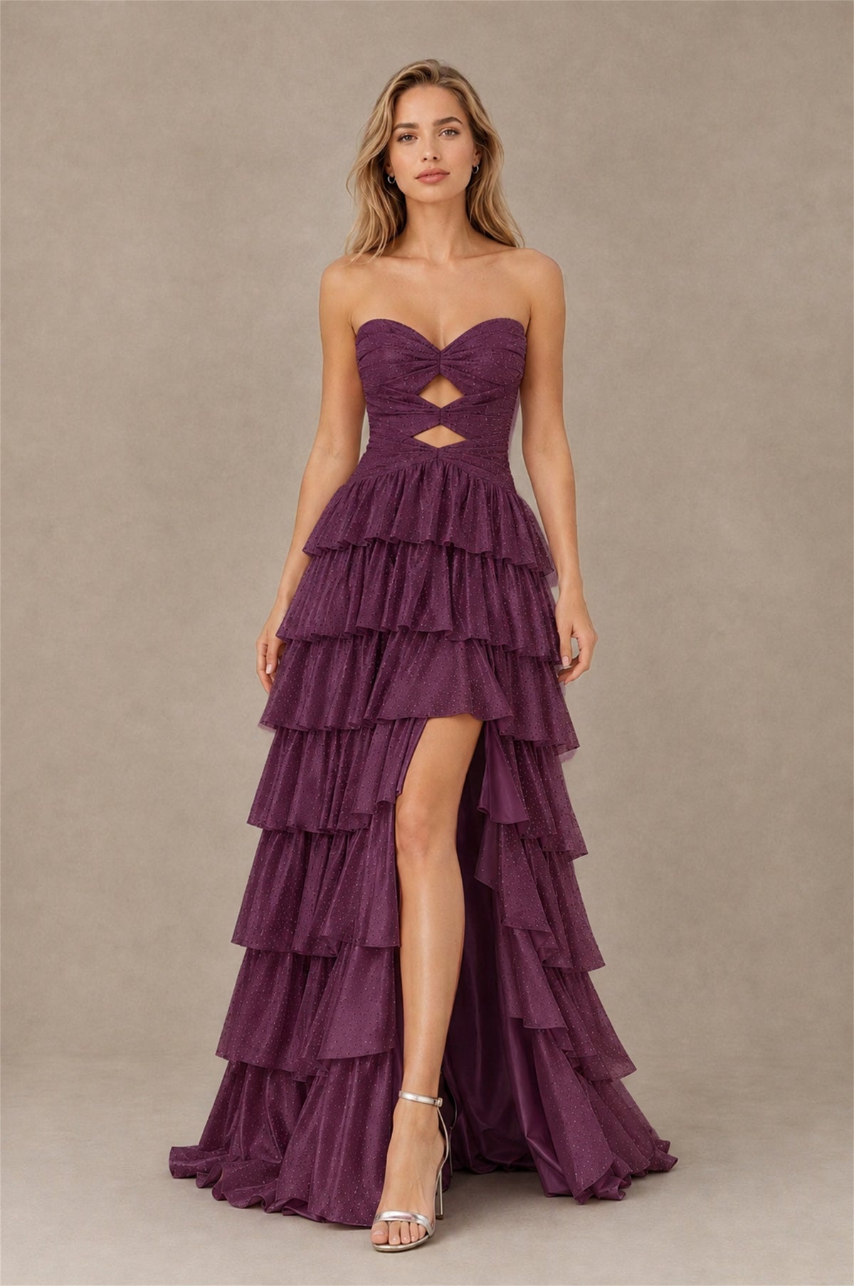 BOLODOO Plum Strapless Cutout Tiered Ruffle Prom Dress with High Slit - Plum - Plum (1)