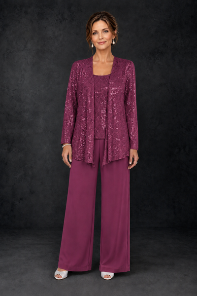 BOLODOO Plum Sequin Lace 3-Piece Pant Suit with Long Sleeve Jacket - Plum - Plum (1)