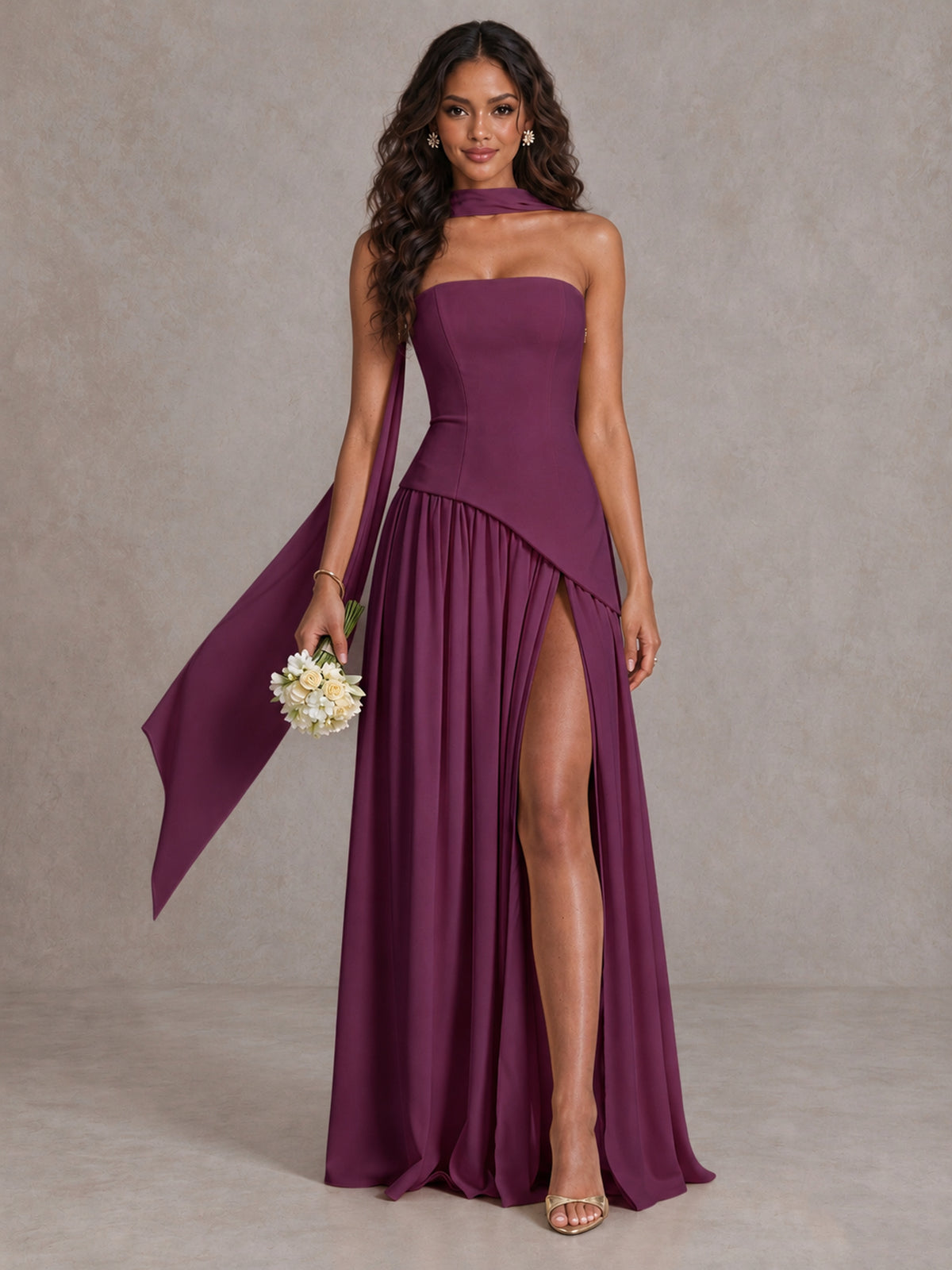 Plum Strapless Bridesmaid Dress with Scarf & High Slit - Plum - Plum (1)