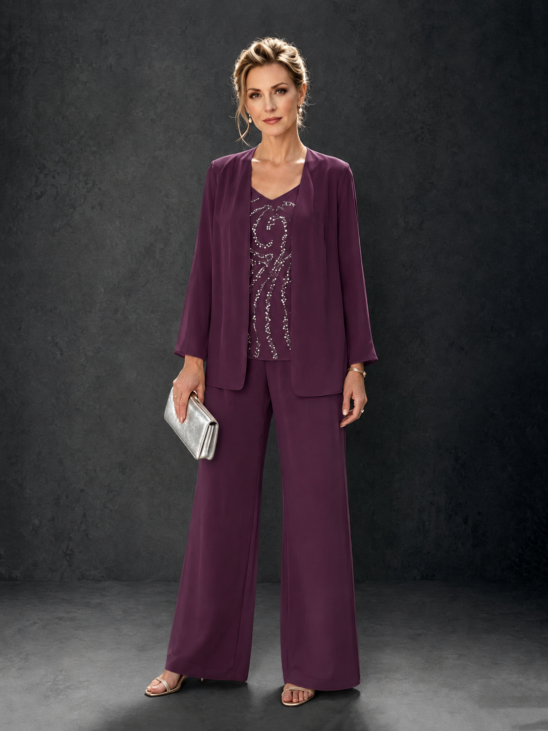 BOLODOO Plum 3-Piece Mother of the Bride Pant Suit with Beaded Top & Chiffon Jacket - Plum