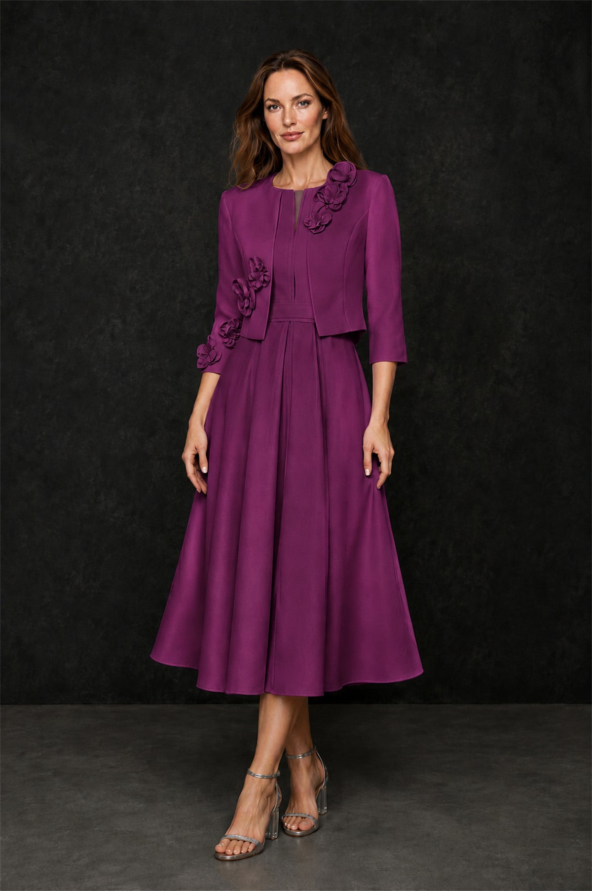 BOLODOO Plum 3D Rosette Appliqué 3/4 Sleeve Jacket & V-Notch Sleeveless A-Line Tea-Length Two-Piece Dress Set - Plum