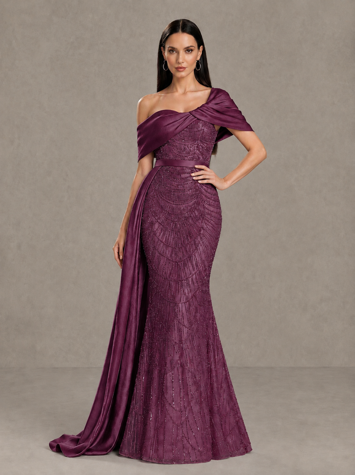 BOLODOO Plum Asymmetric Draped Mermaid Evening Gown with Train - Plum - Plum (1)