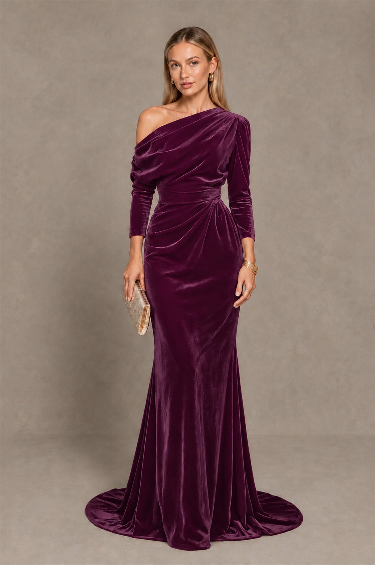 BOLODOO Plum Velvet One-Shoulder Long Sleeve Evening Gown - Plum