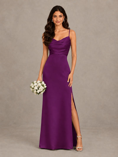 BOLODOO Plum Cowl Neck Satin Bridesmaid Dress with Slit - Plum - Plum (1)