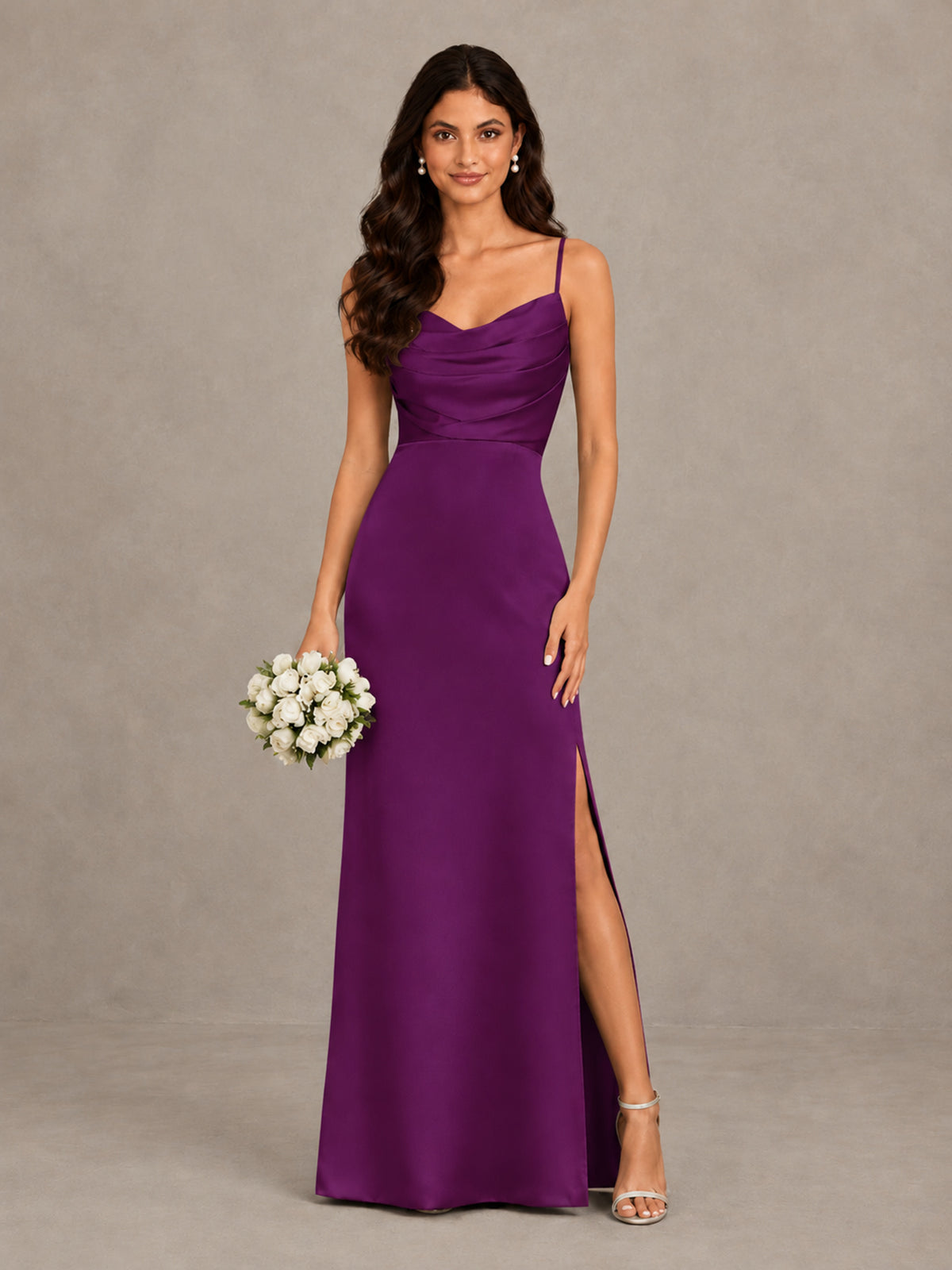 BOLODOO Plum Cowl Neck Satin Bridesmaid Dress with Slit - Plum - Plum (1)