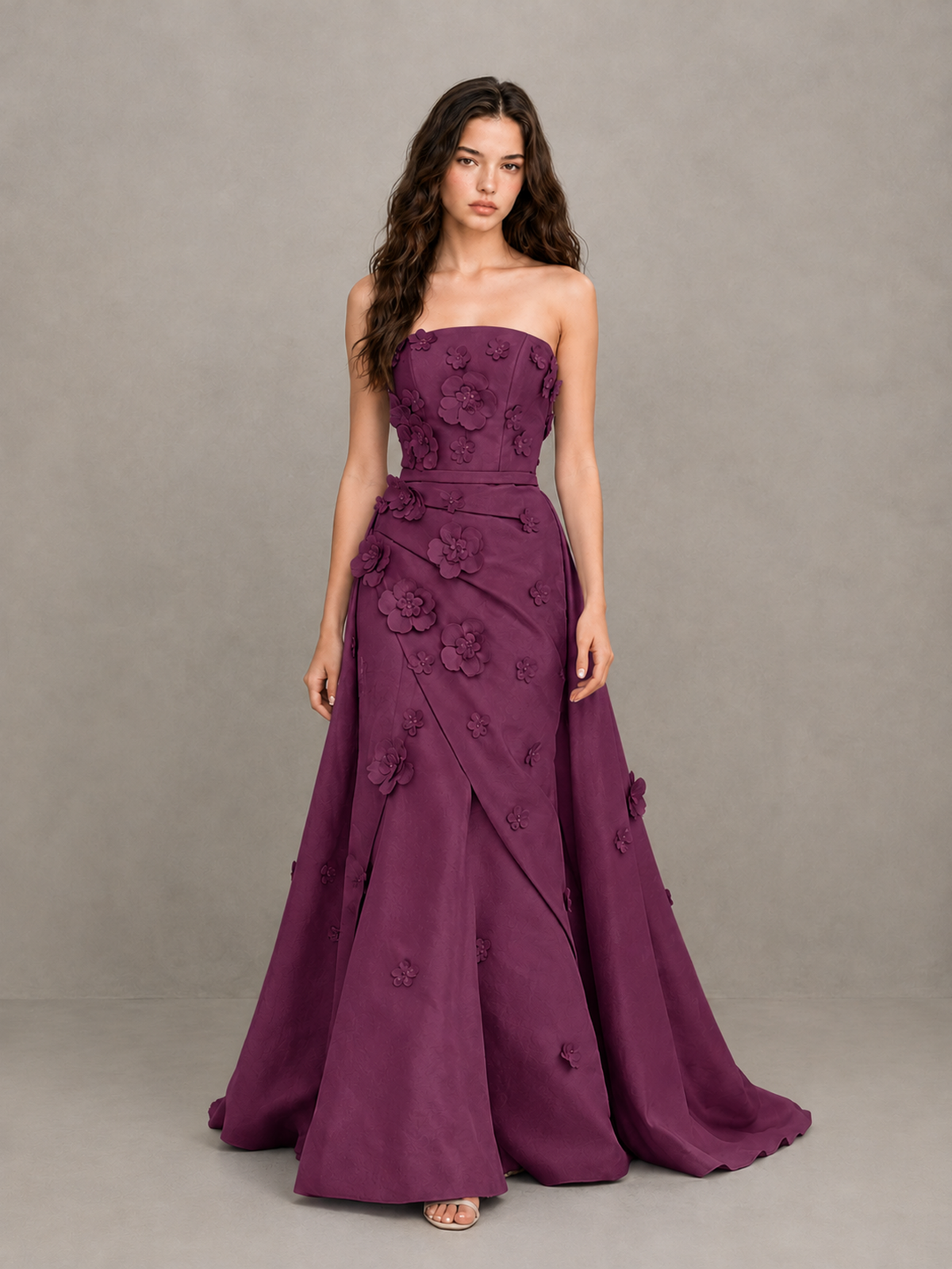 BOLODOO Plum Strapless 3D Floral Applique Prom Gown with Draped Skirt - Plum - Plum (1)