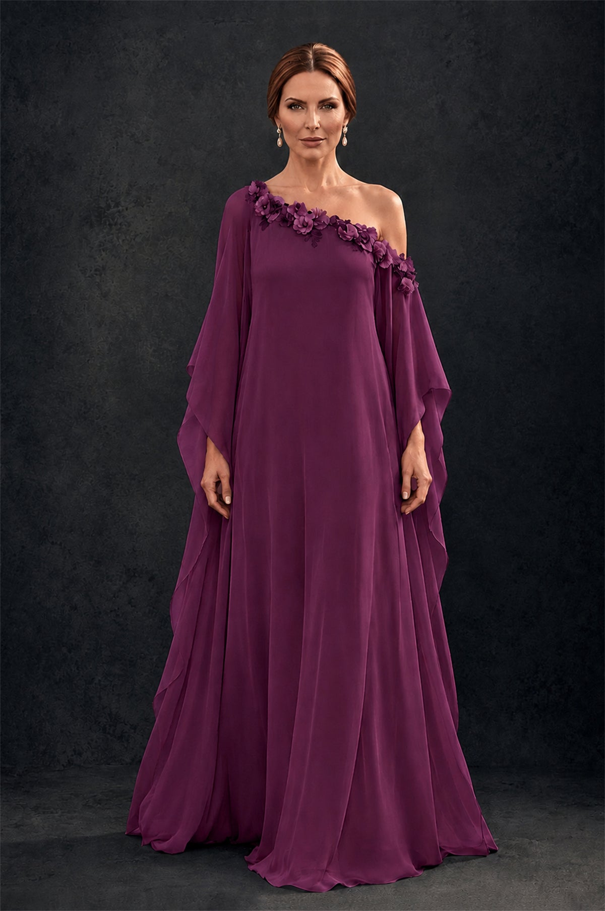 BOLODOO Plum 2-Piece Set: Off-Shoulder 3D Floral Cape Gown & One-Shoulder Wide-Leg Jumpsuit | BD0373 - Plum