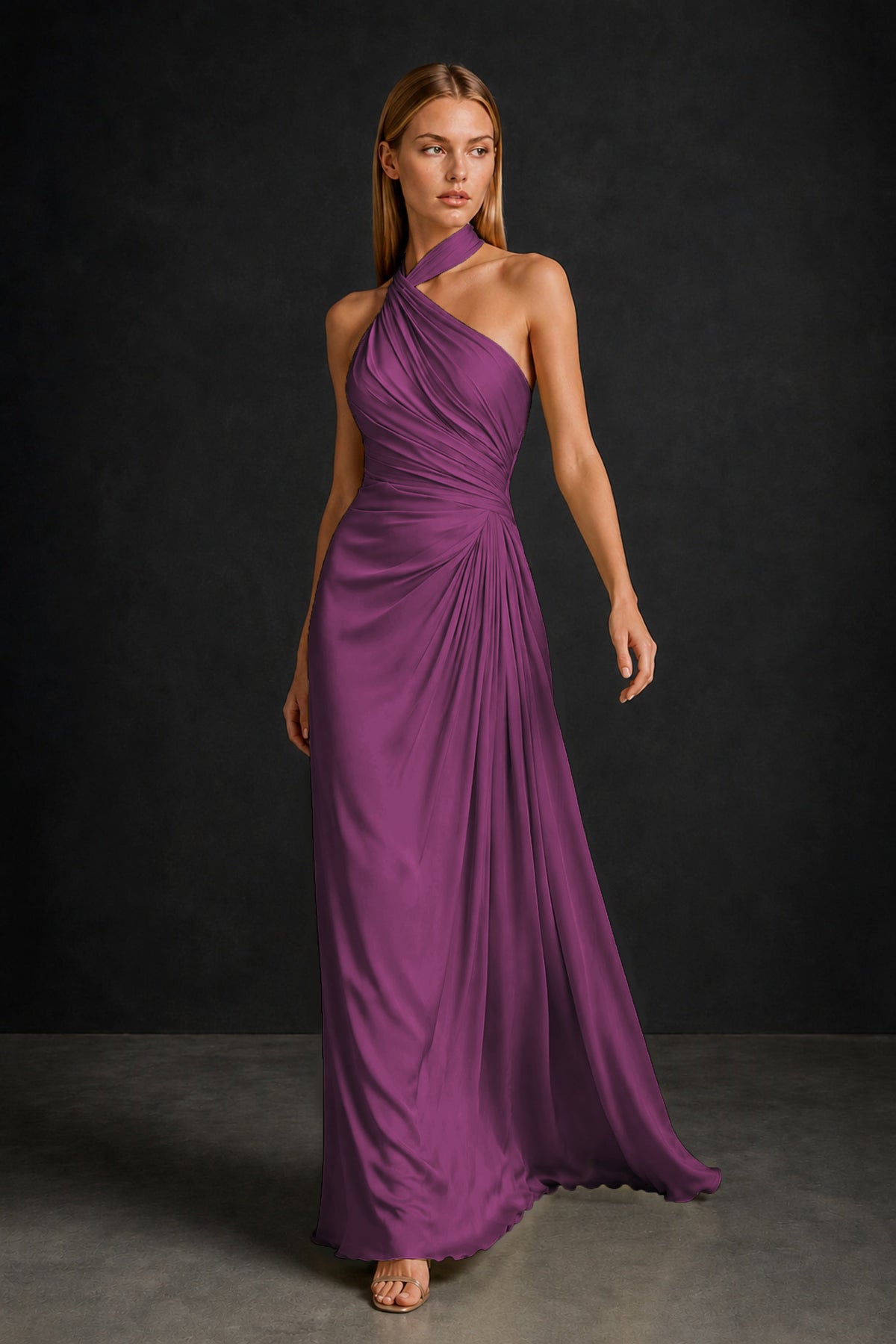 BOLODOO Plum Twisted Halter Neck Ruched Sleeveless Open Back Floor-Length Gown - Plum