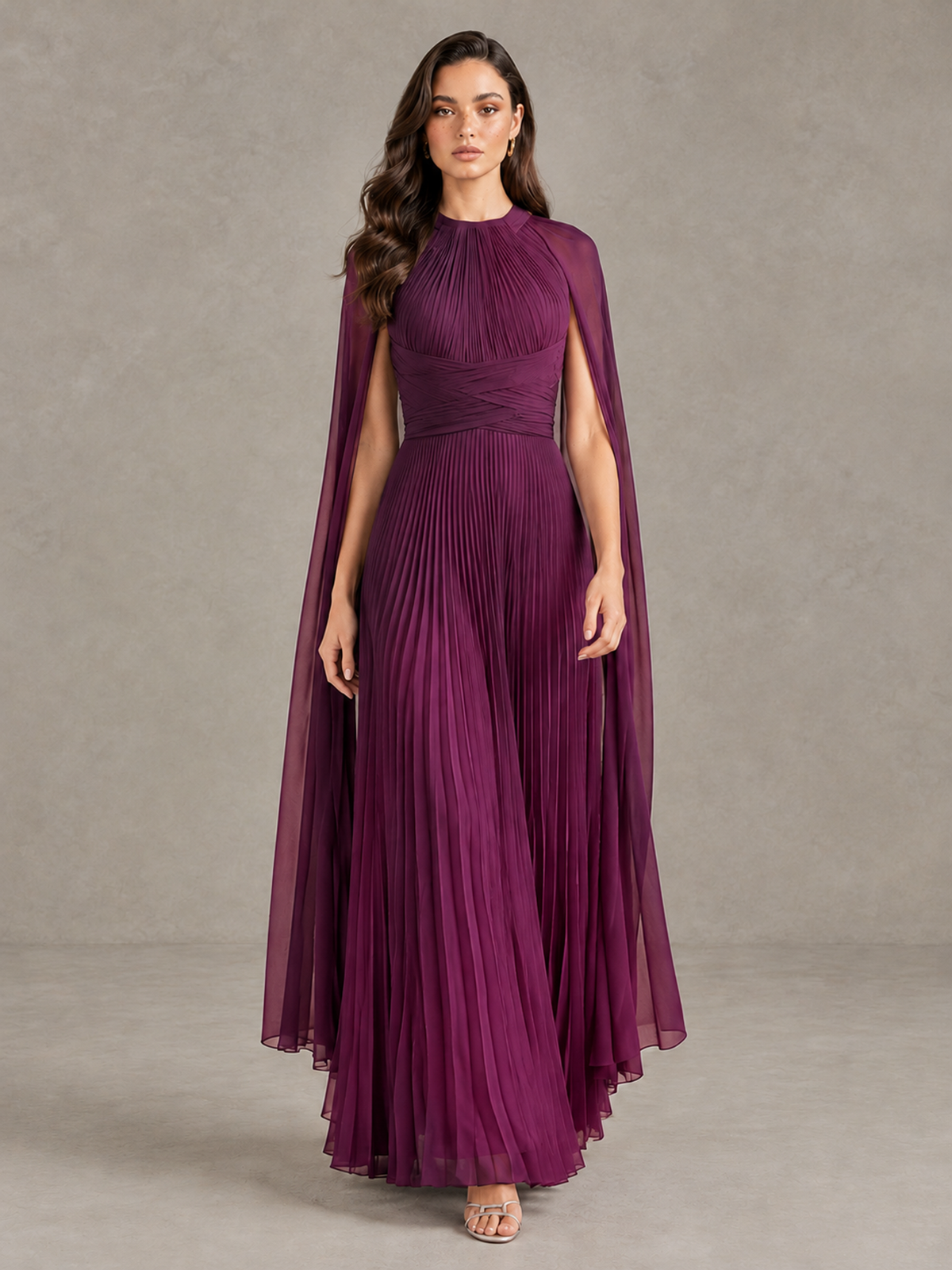 BOLODOO Plum Pleated Cape Maxi Wedding Guest Dress - Plum - Plum (1)
