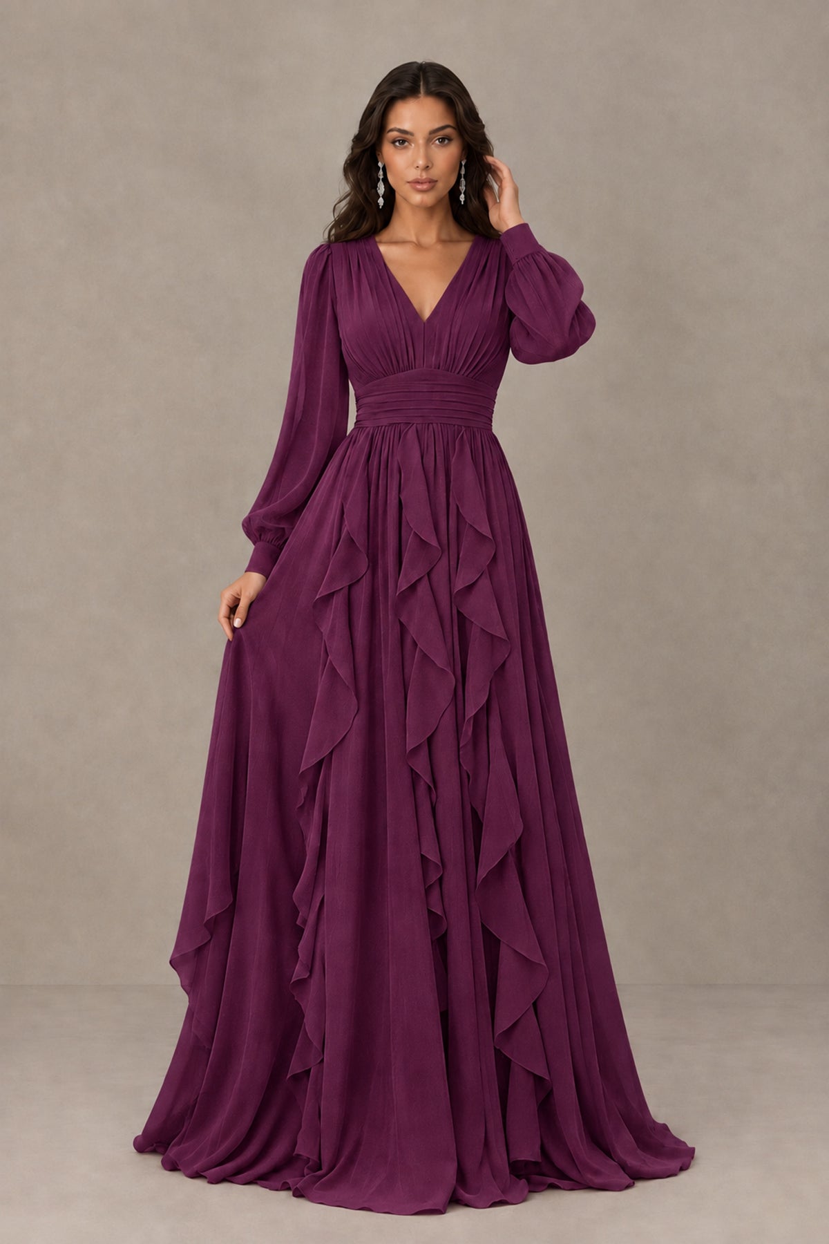 BOLODOO Plum Long Sleeve V-Neck Ruffle Maxi Dress - Plum - Plum (1)