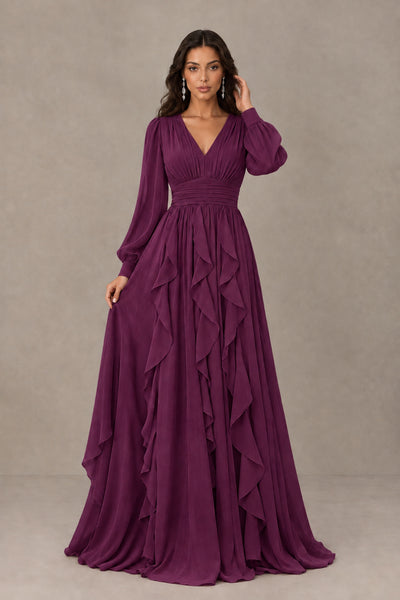 BOLODOO Plum Long Sleeve V-Neck Ruffle Maxi Dress - Plum - Plum (1)