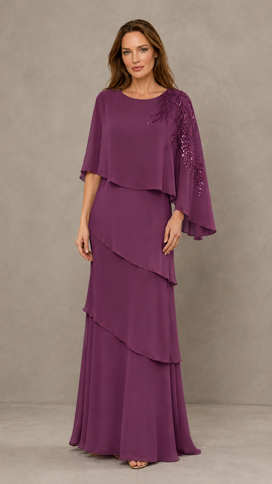 BOLODOO Plum Mocha Asymmetric Cape Sleeve Plum Sequin Embroidered Pearl Trim Tiered Chiffon Gown - Plum