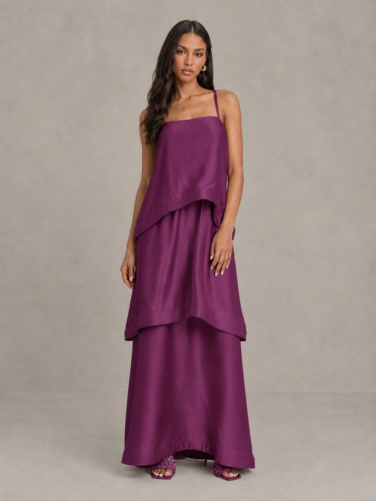 BOLODOO Plum Satin Tiered Maxi Dress with Spaghetti Straps - Plum