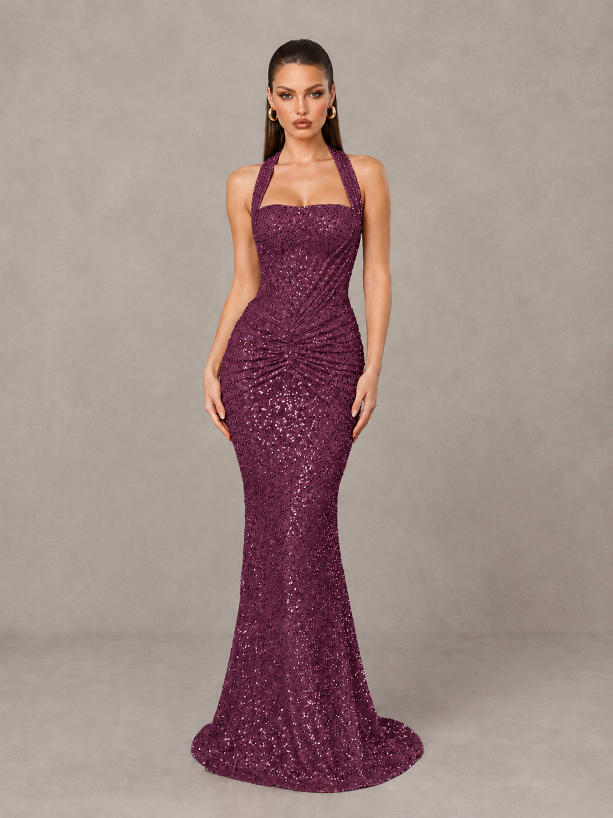 BOLODOO Plum Sequin Halter Mermaid Evening Gown - Plum - Plum (1)