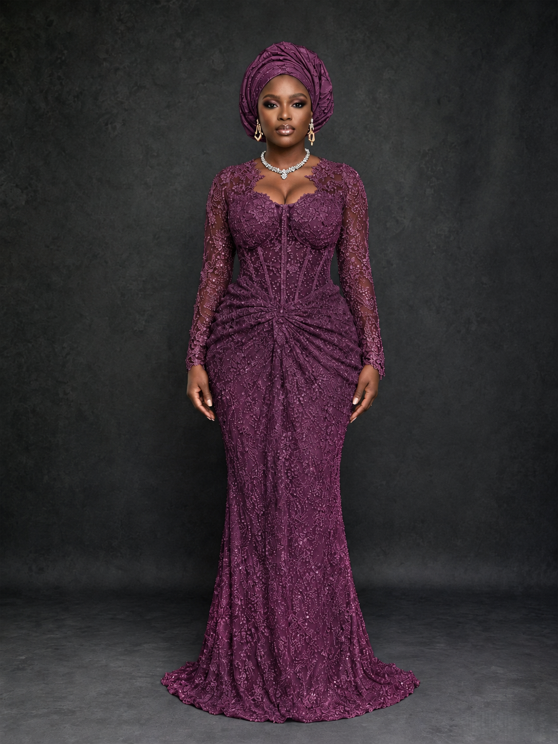 BOLODOO Plum Beaded Lace Long Sleeve Mermaid Gown Sweetheart | Mother of the Bride - Plum