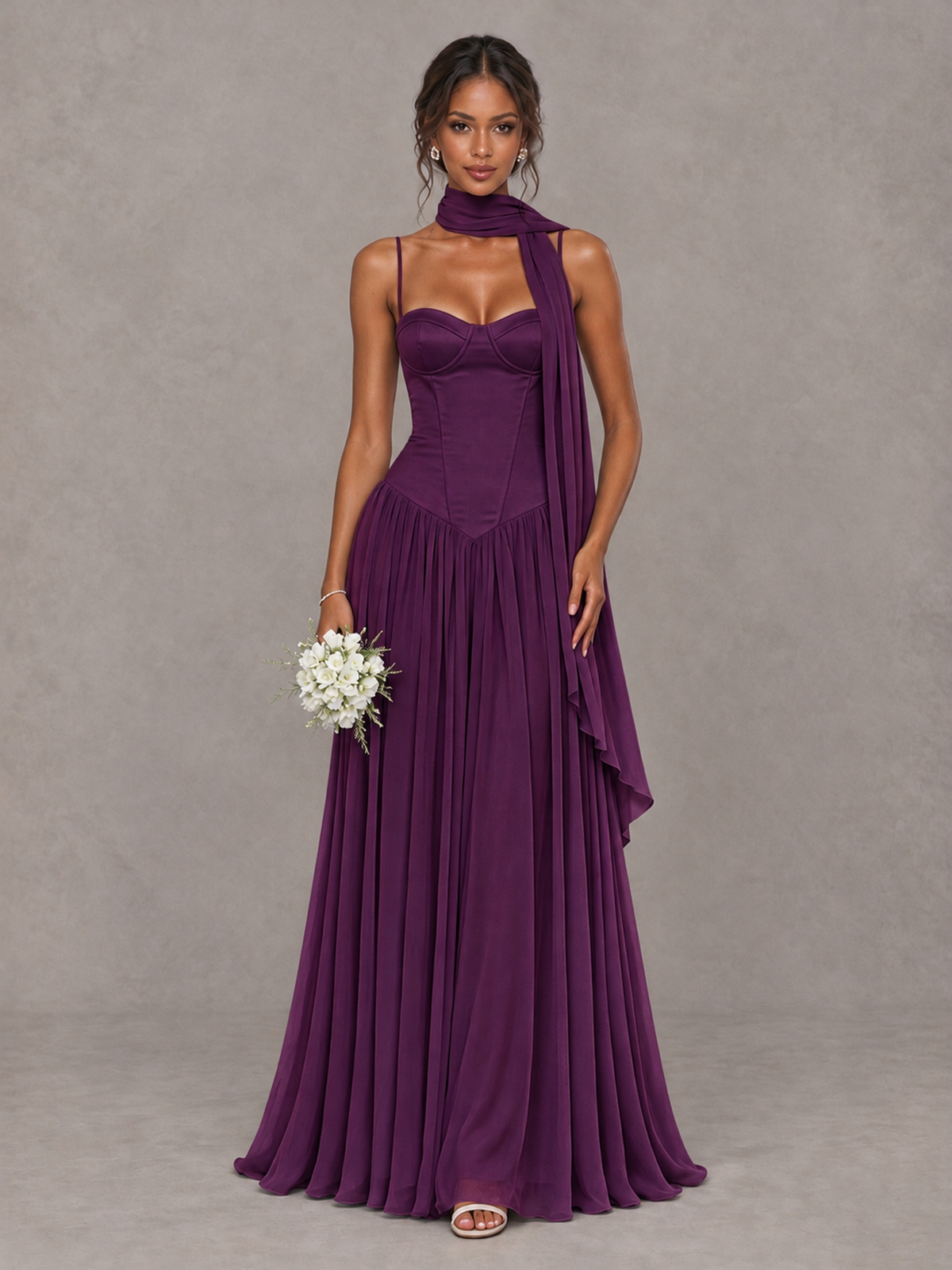 BOLODOO Plum Corset Bridesmaid Dress with Scarf - Plum - Plum (1)