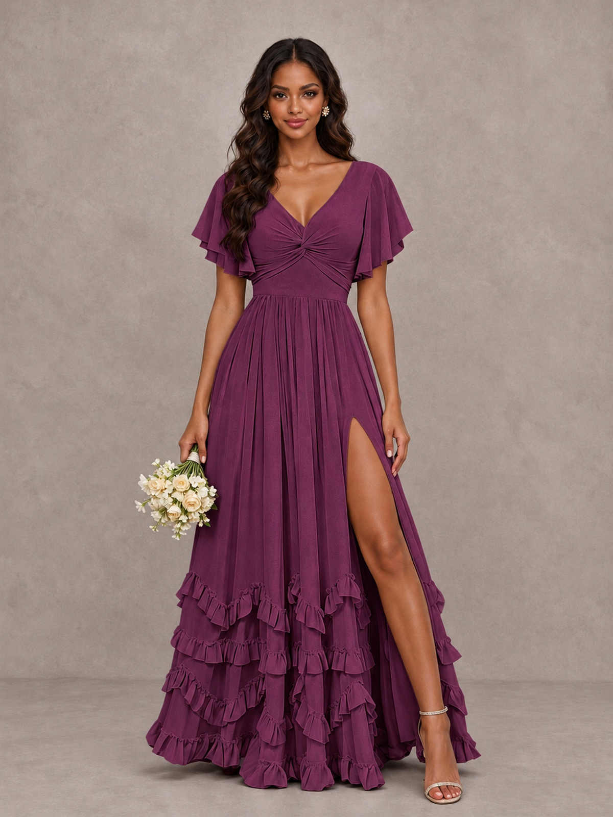 BOLODOO Plum V-Neck Flutter Sleeve Ruffle Bridesmaid Dress with Slit - Plum - Plum (1)