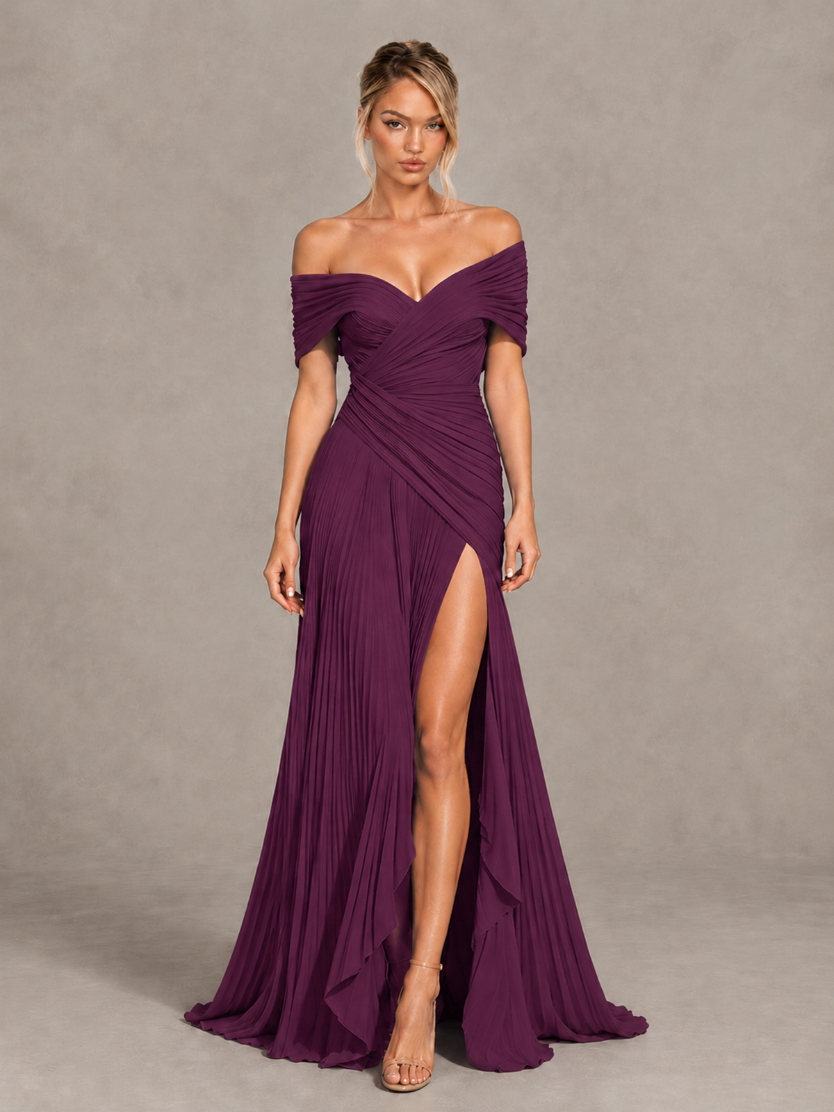 BOLODOO Plum Off-Shoulder Ruched Pleated Maxi Dress with High Slit - Plum - Plum (1)