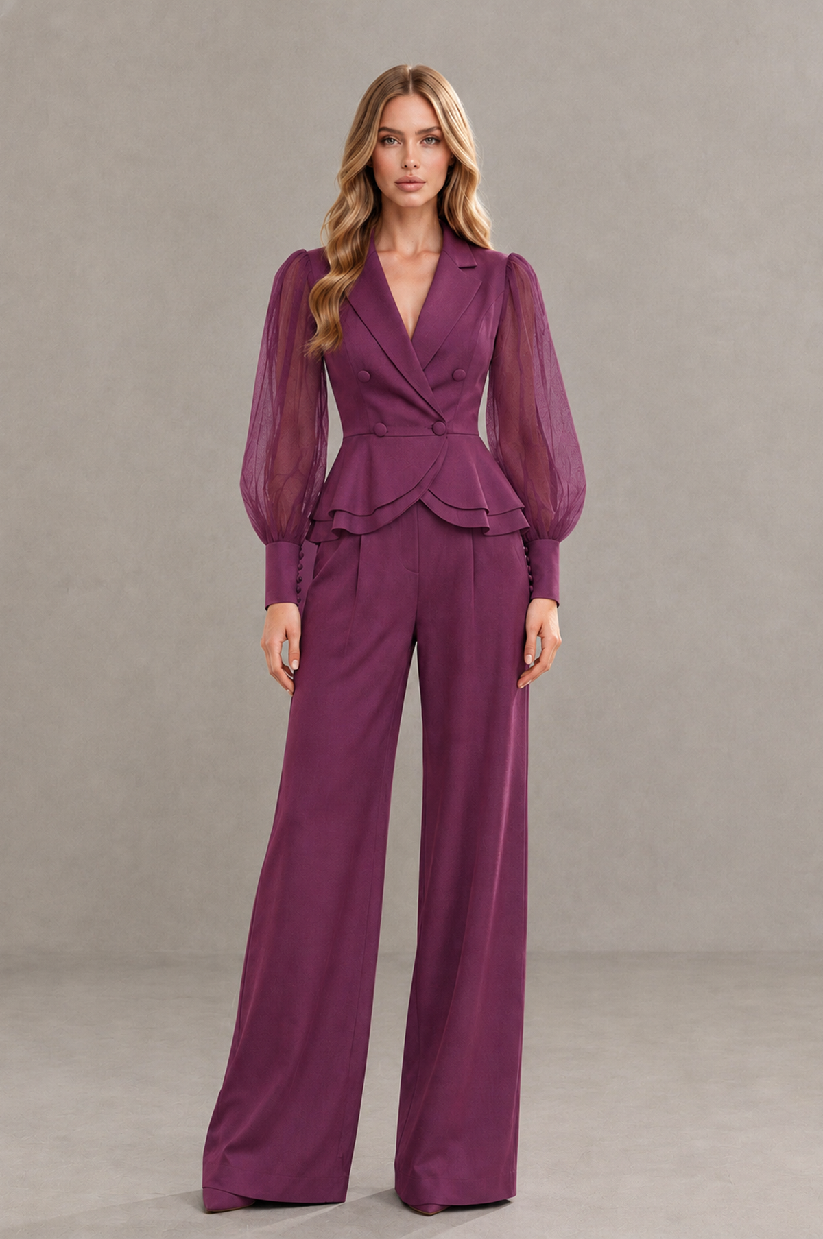 BOLODOO Mint Plum Peplum Blazer Wide-Leg Pantsuit with Sheer Puff Sleeves - Plum