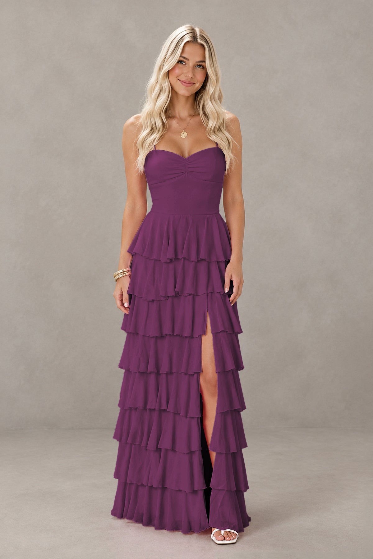 BOLODOO Plum Strapless Tiered Ruffle Maxi Dress with Slit & Lace-Up Back - Plum