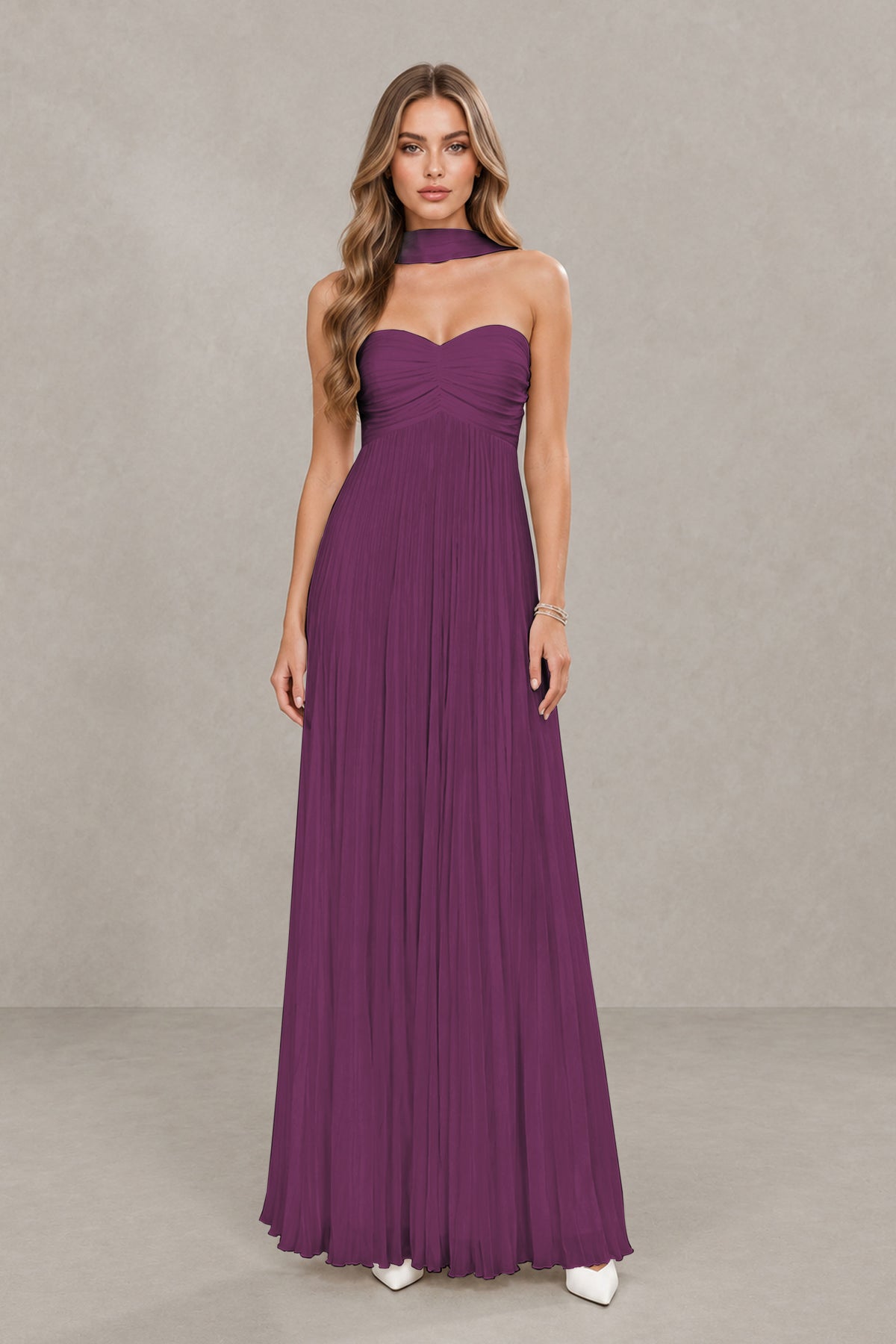 BOLODOO Plum Strapless Chiffon-Look Maxi Dress with Lace-Up Back & Cape - Plum